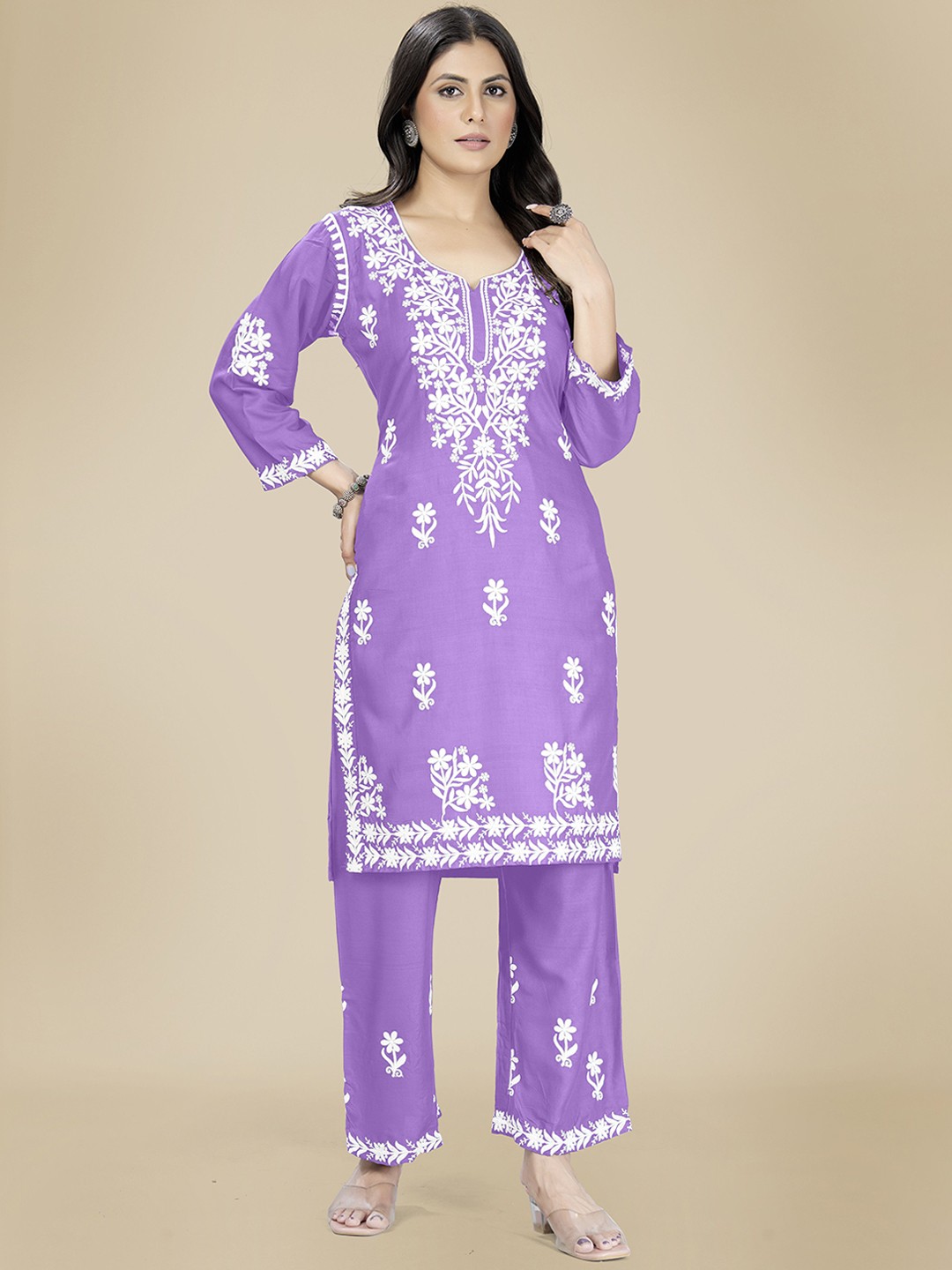 

Rujave Ethnic Motifs Embroidered Regular Chikankari Kurta with Trousers, Purple