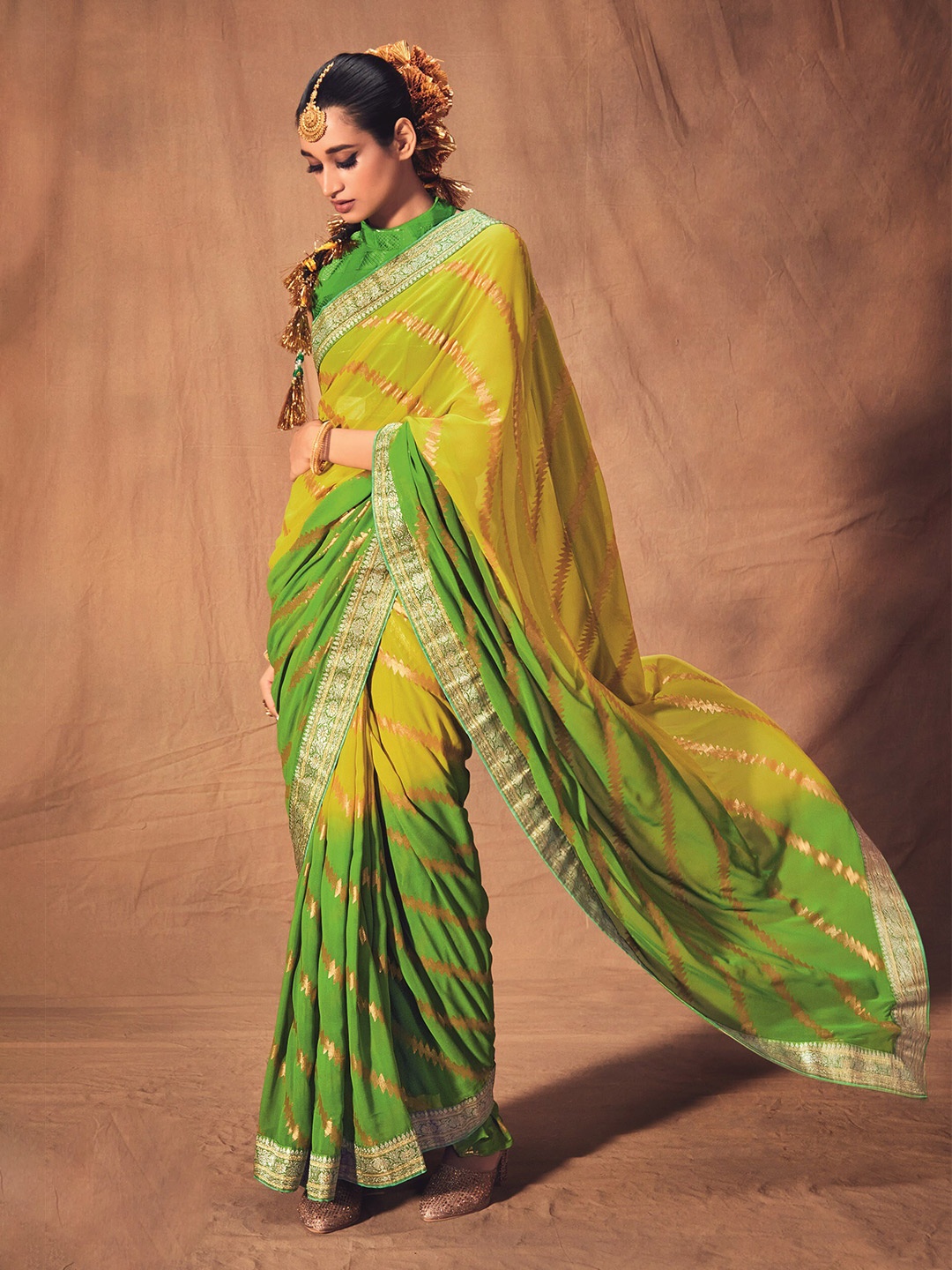 

Panzora Striped Zari Saree With Blouse Piece, Green