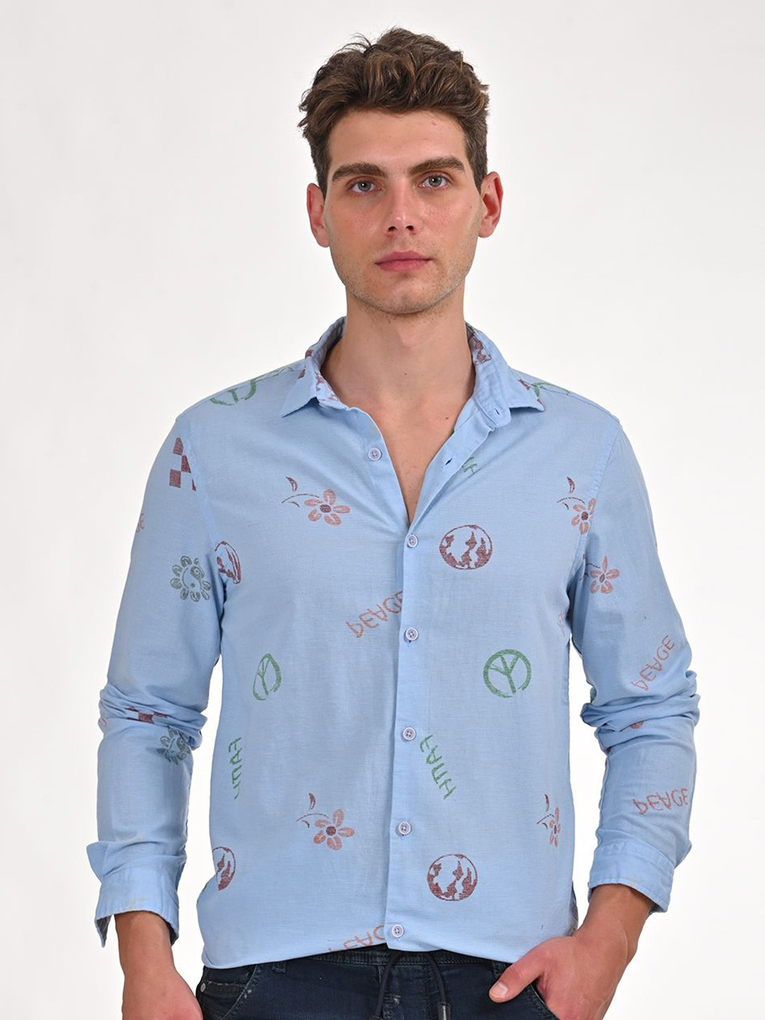 

POE Men Smart Slim Fit Pure Cotton Conversational Printed Casual Shirt, Blue