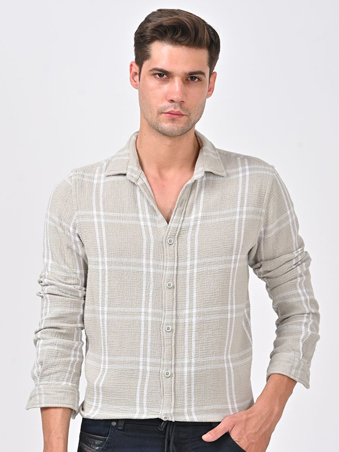 

POE Men Smart Slim Fit Opaque Checked Casual Shirt, Grey