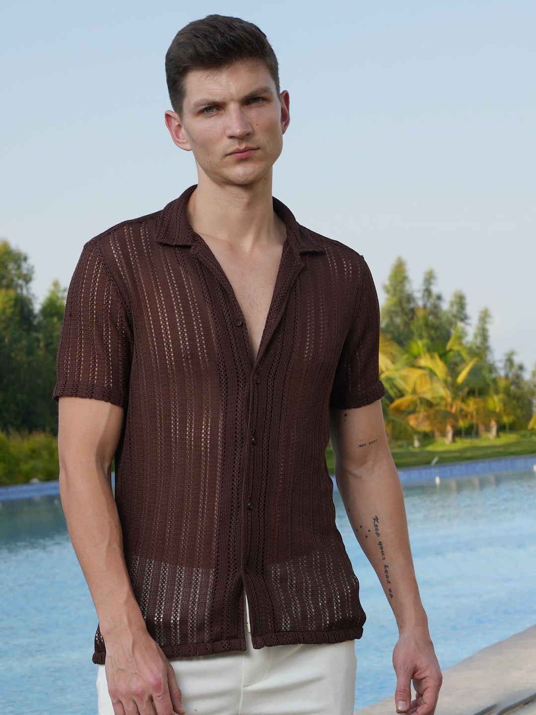 

POE Men Solid Smart Slim Fit Crochet Casual Shirt, Brown