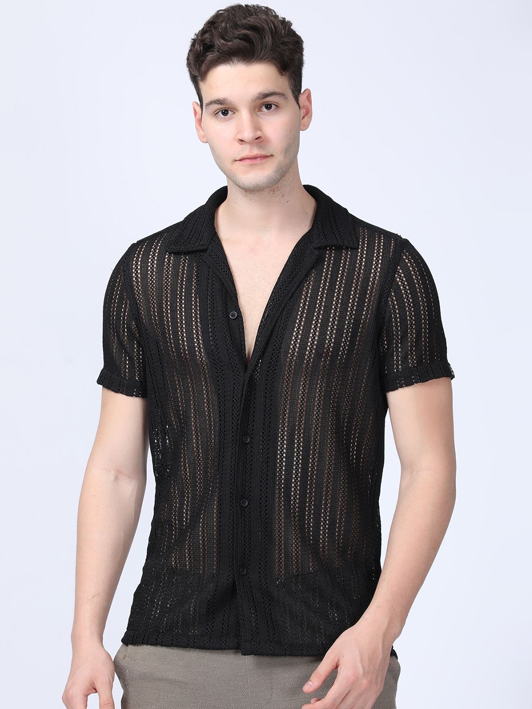 

POE Men Solid Smart Slim Fit Crochet Casual Shirt, Black