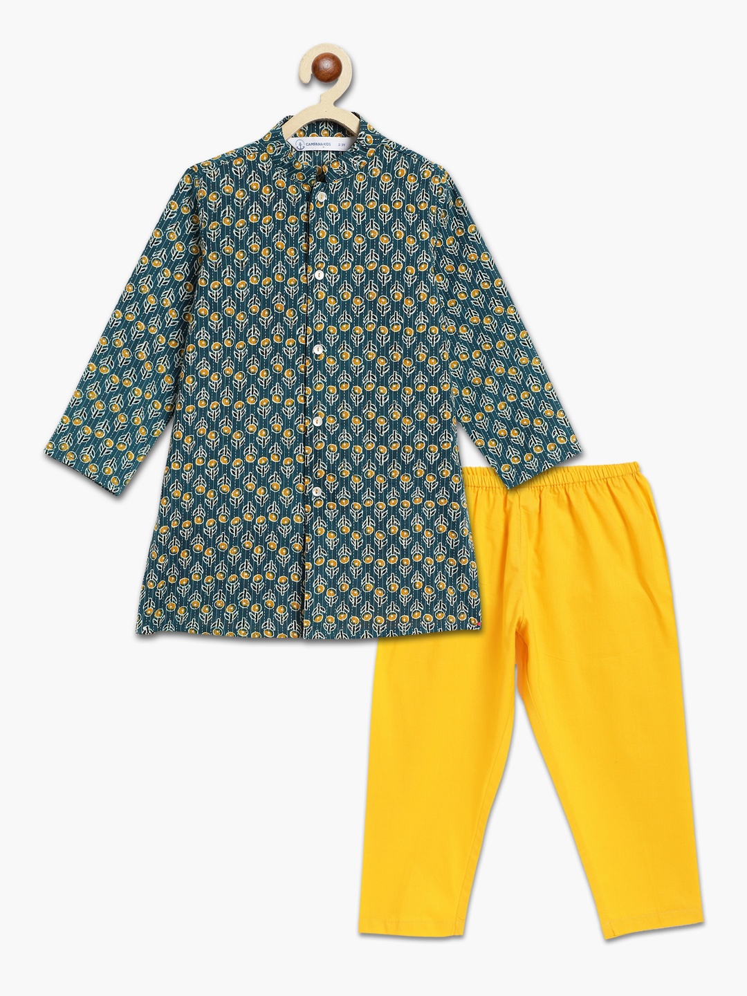 

Campana Boys Ethnic Motifs Printed Kantha Work Mandarin Collar Cotton Kurta With Pyjamas, Teal
