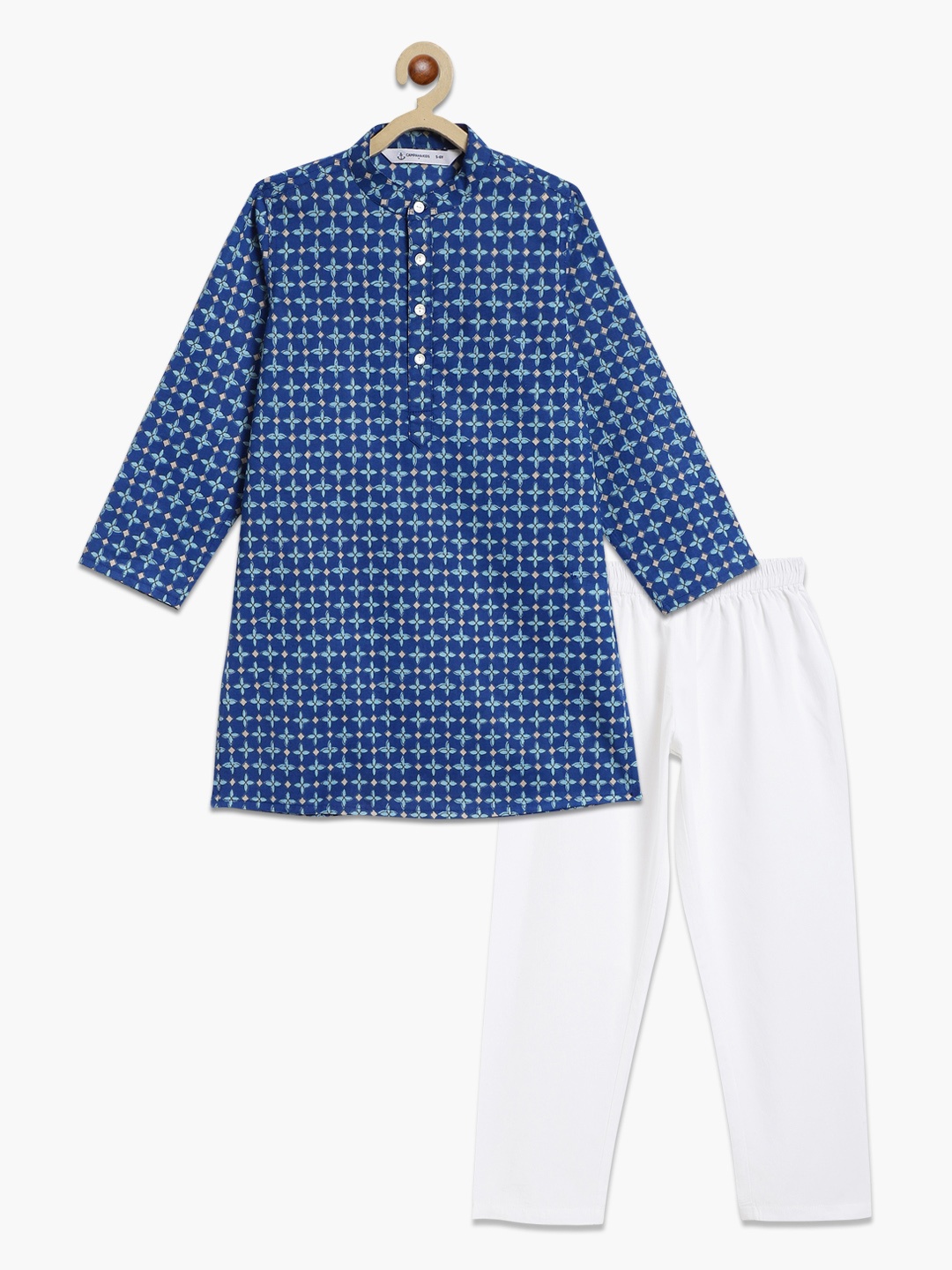 

Campana Boys Ethnic Motifs Printed Mandarin Collar Cotton Kurta With Pyjamas, Blue