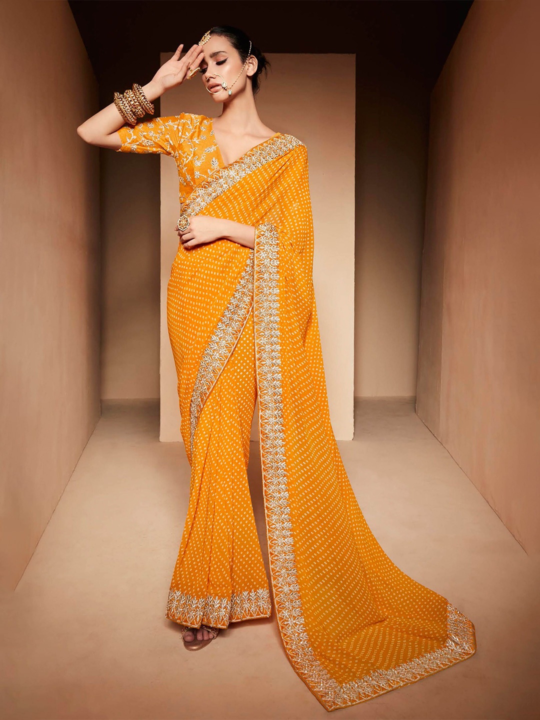 Panzora Embroidered Bandhani Saree, Yellow