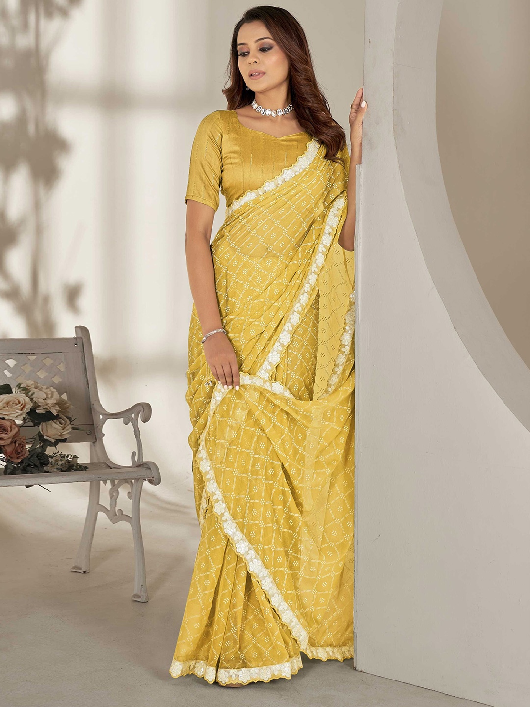 

Panzora Ethnic Motifs Embroidered Saree, Yellow