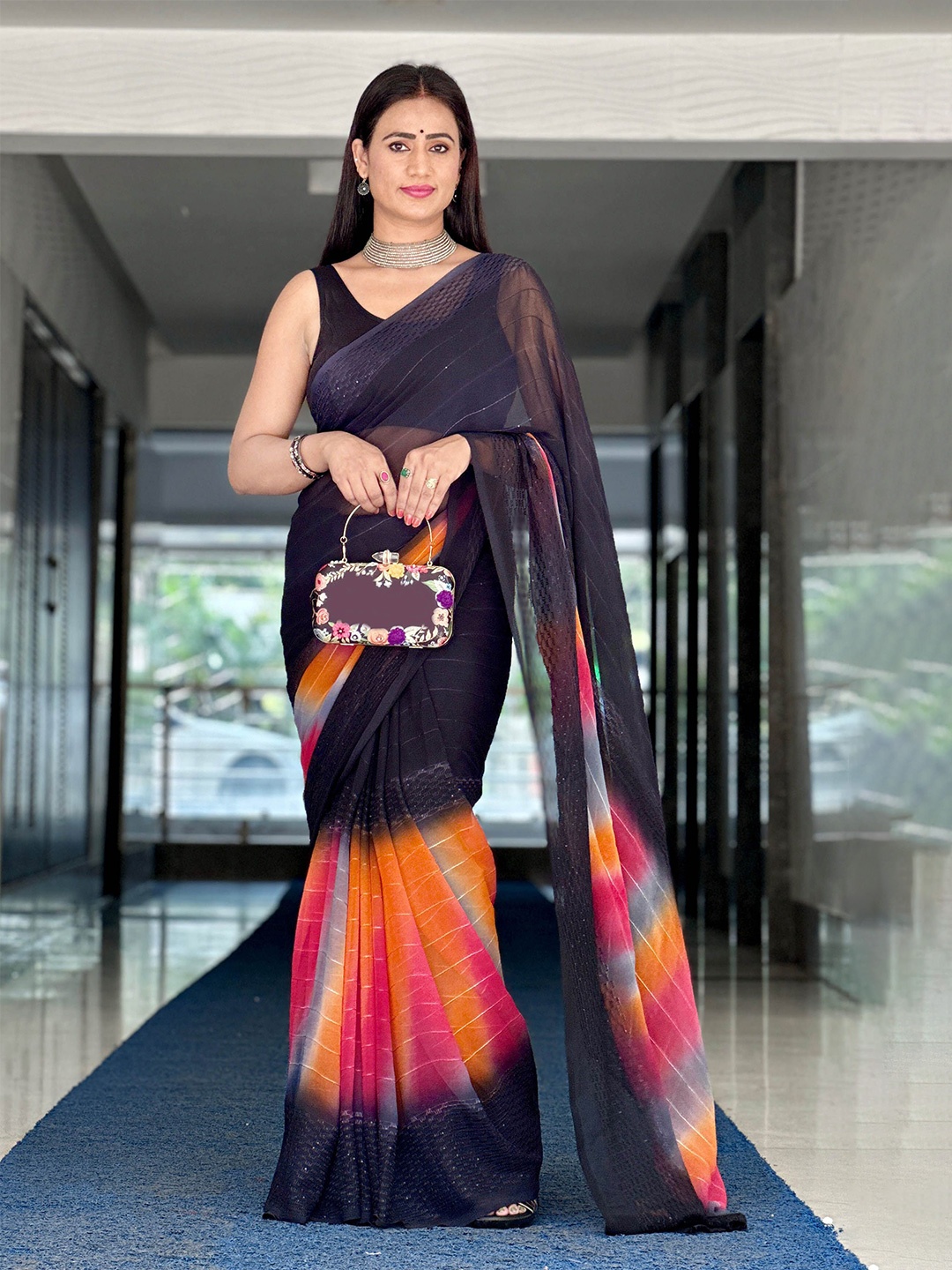 

Panzora Striped Saree With Blouse Piece, Black
