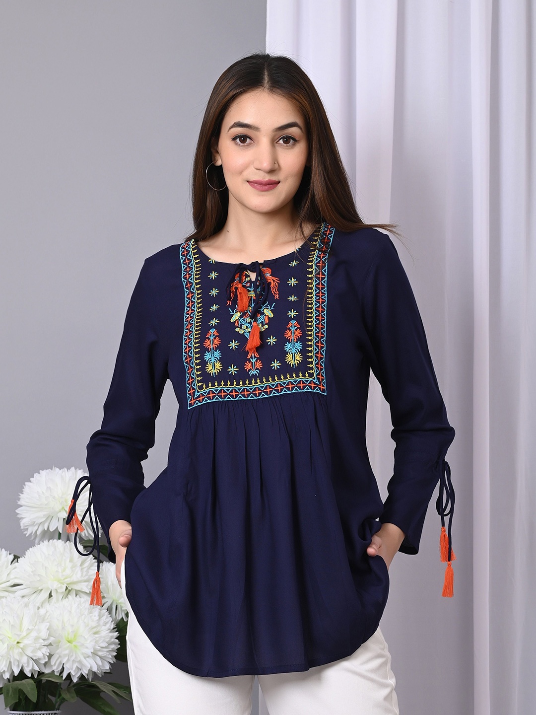 

IQRAAR Floral Tie-Up Neck Embroidered Longline Top, Navy blue