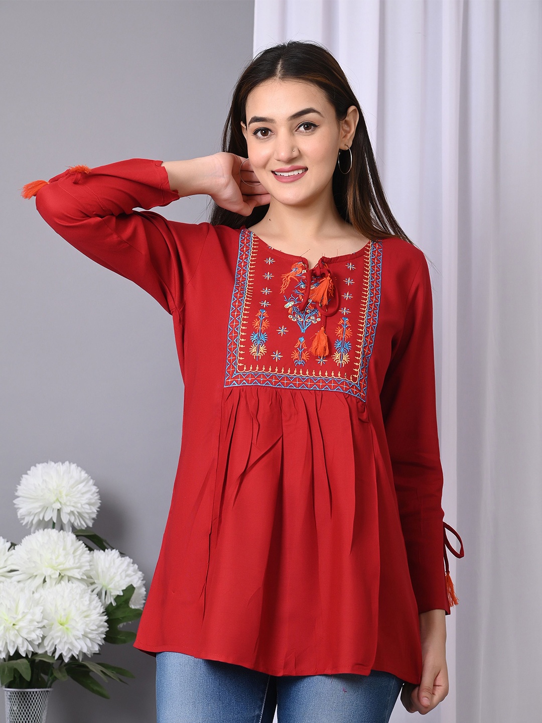 

IQRAAR Floral Tie-Up Neck Embroidered Longline Top, Maroon