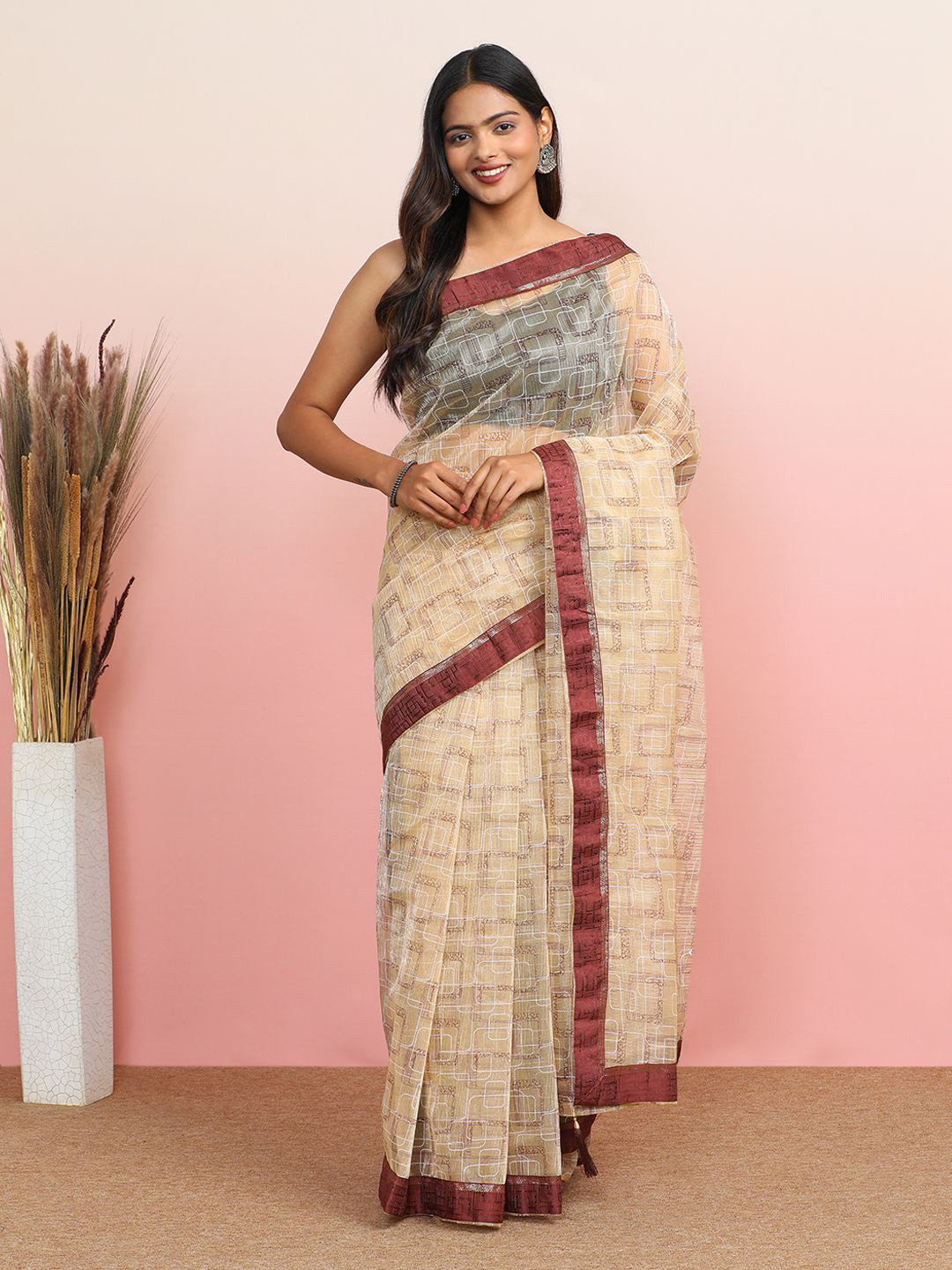 

MAHALASA Printed Tissue Saree, Beige