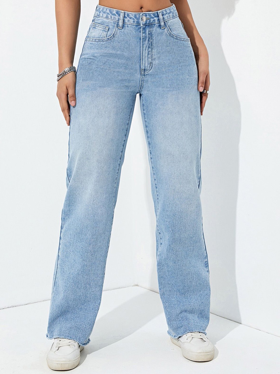 

AAHWAN Women Wide Leg High-Rise Clean Look Heavy Fade Stretchable Jeans, Blue