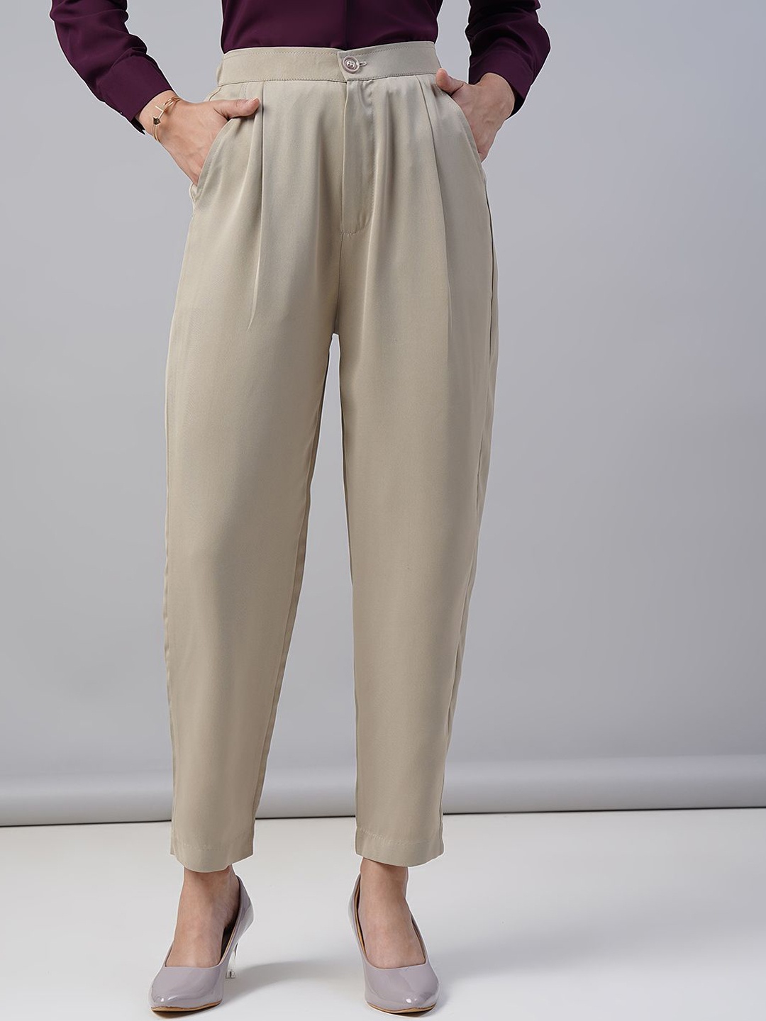 

FITHUB Women Tapered Fit High-Rise Pleated Trousers, Beige