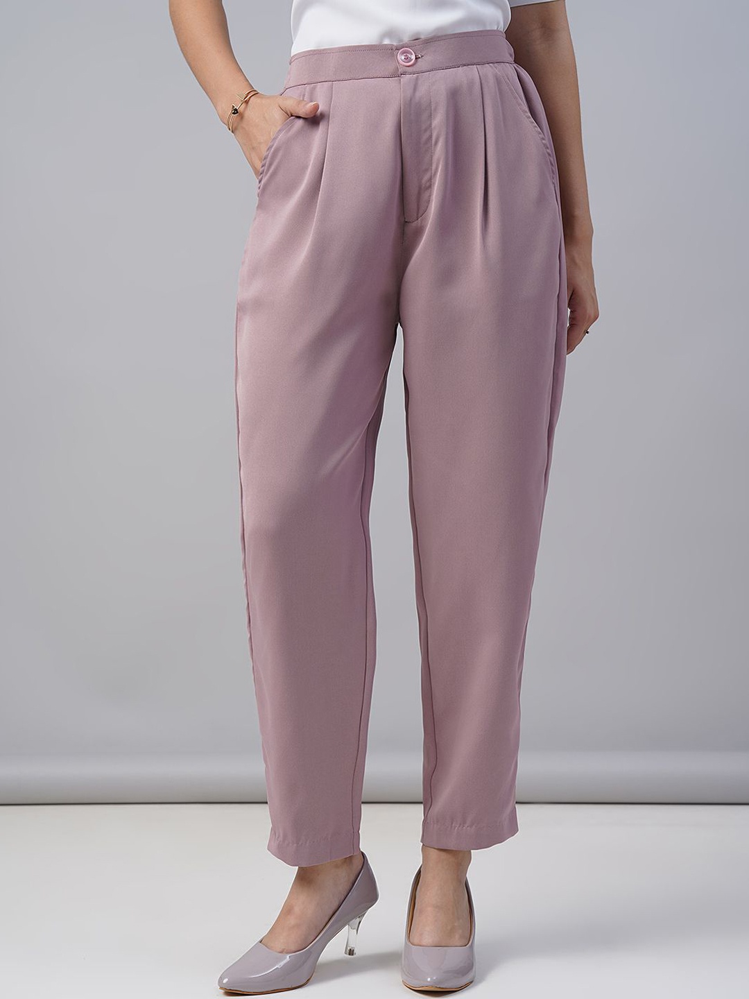 

FITHUB Women Tapered Fit High-Rise Pleated Trousers, Pink