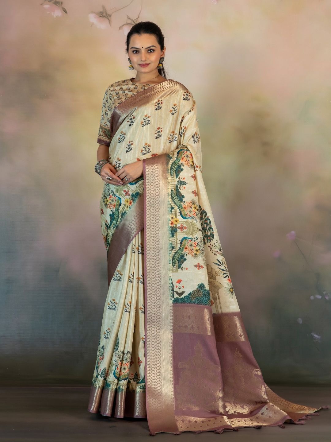 

Yuvani Ethnic Motifs Zari Tussar Saree, Cream