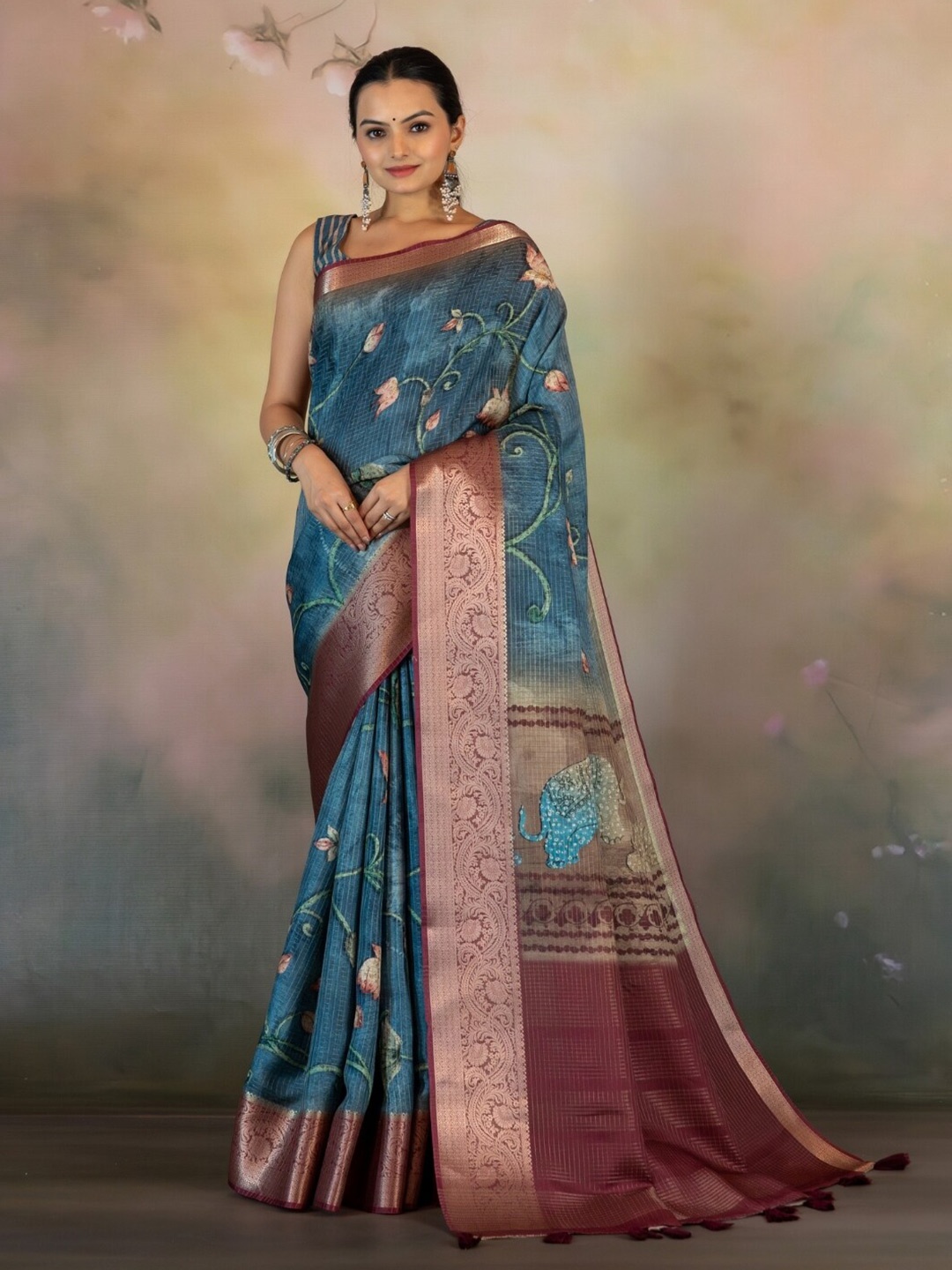 

Yuvani Zari Ethnic Motifs Tussar Saree, Blue