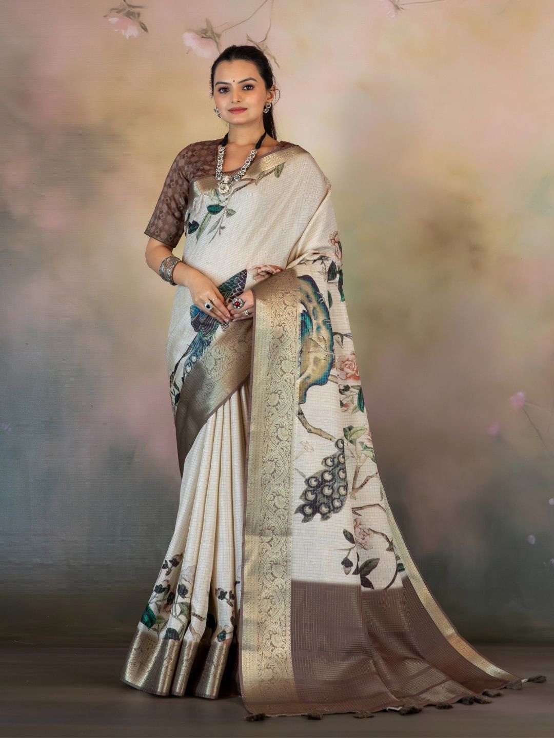 

Yuvani Floral Printed Zari Tussar Saree, White