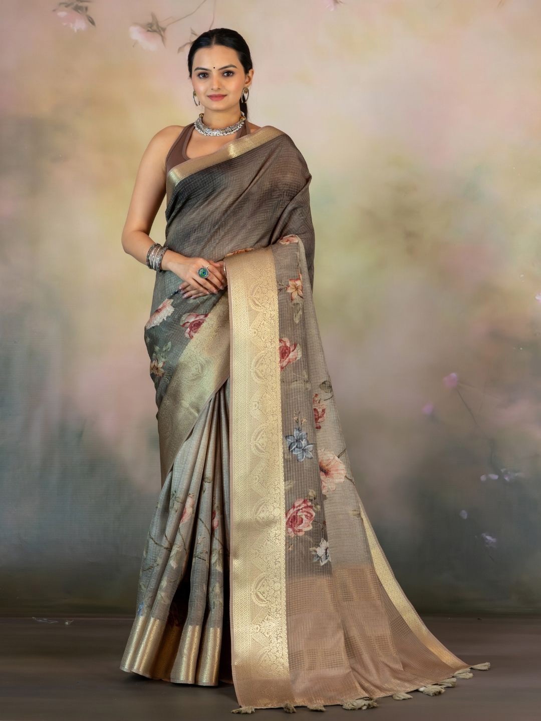 

Yuvani Floral Zari Tussar Saree, Grey