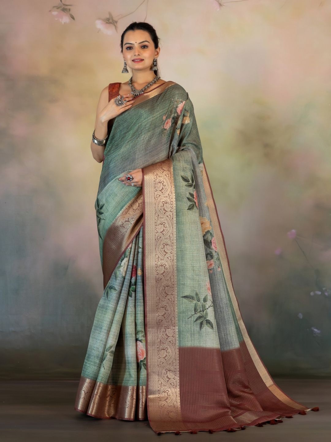 

Yuvani Floral Zari Tussar Saree, Sea green