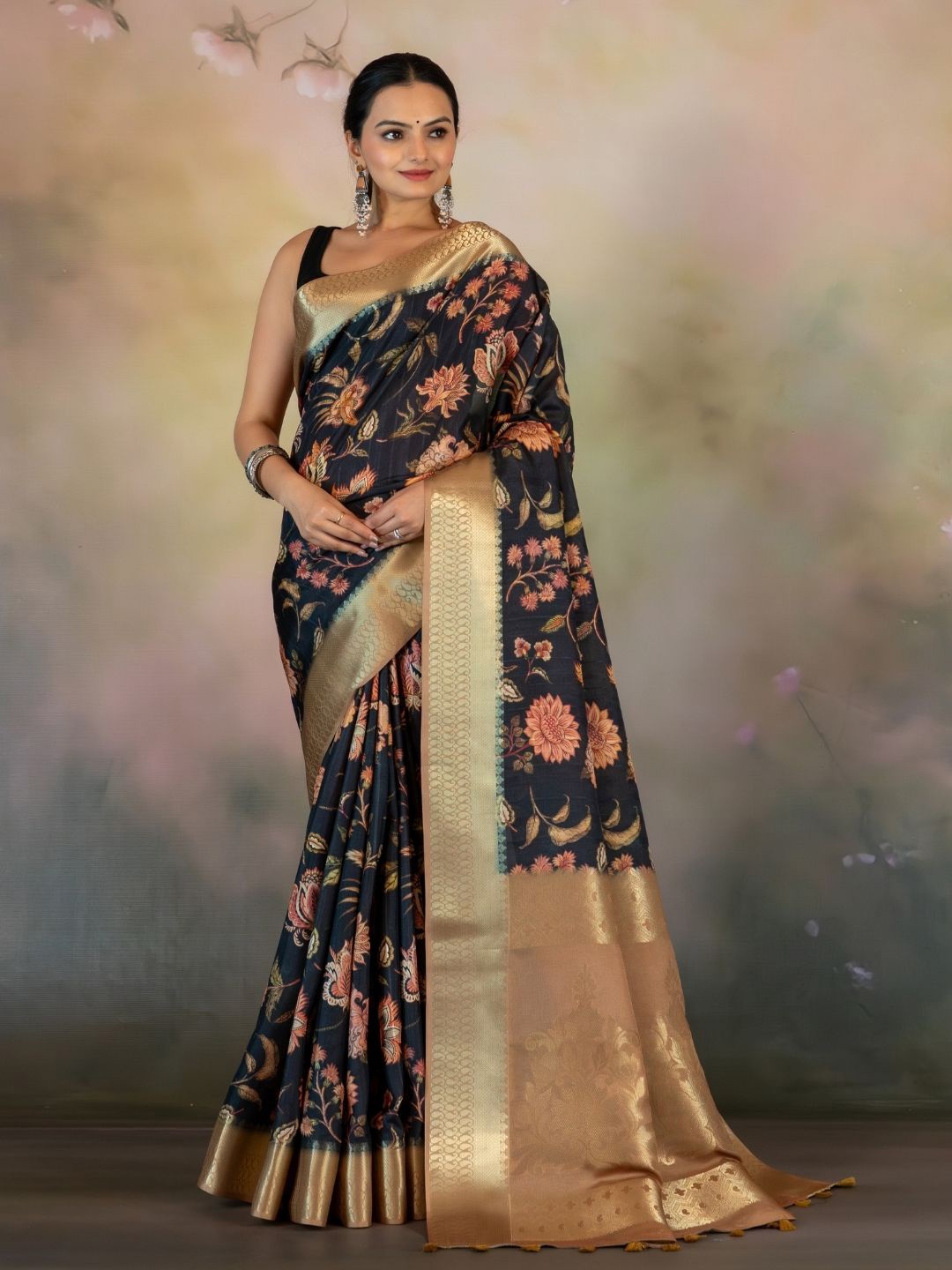 

Yuvani Floral Printed Zari Tussar Saree, Black