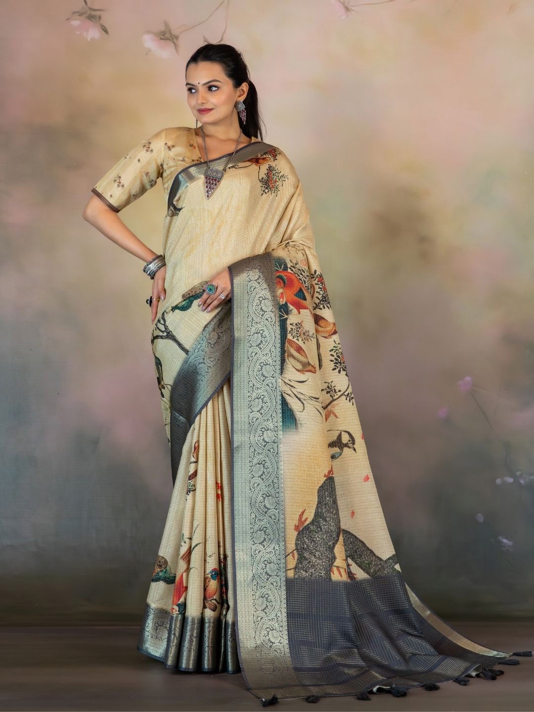 

Yuvani Printed Zari Tussar Saree, Cream