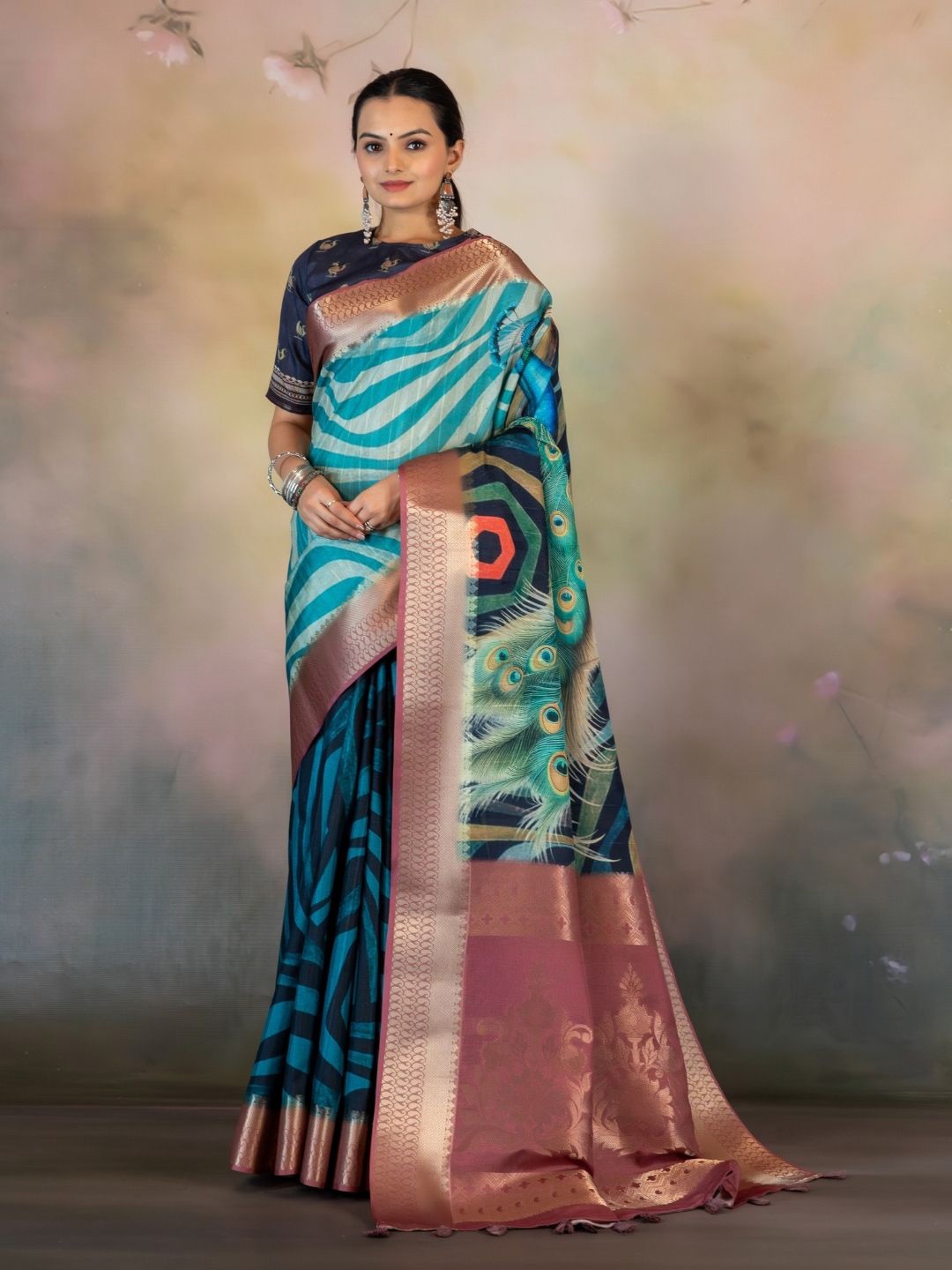 

Yuvani Zari Tussar Saree, Turquoise blue