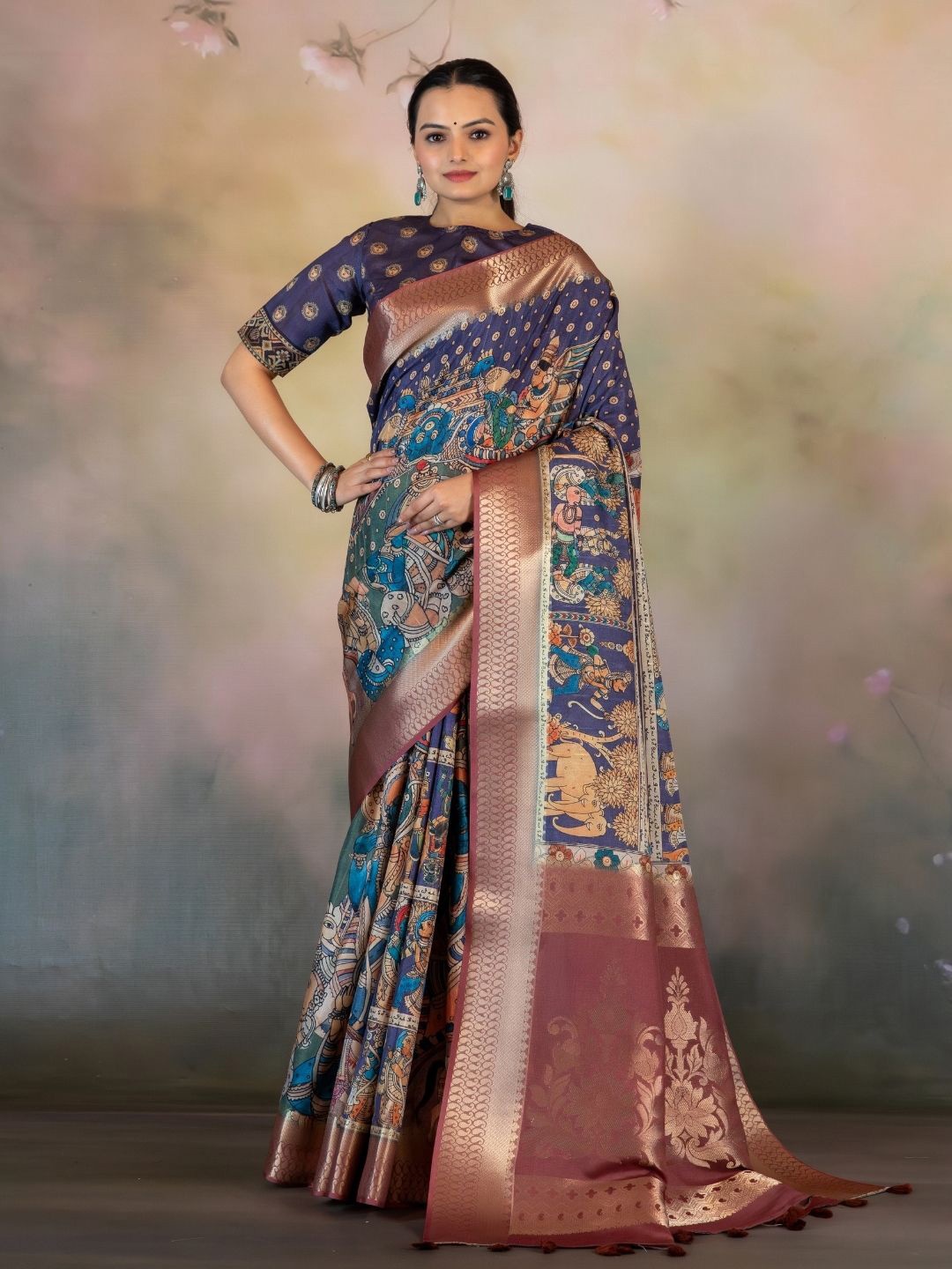 

Yuvani Kalamkari Zari Tussar Saree, Purple