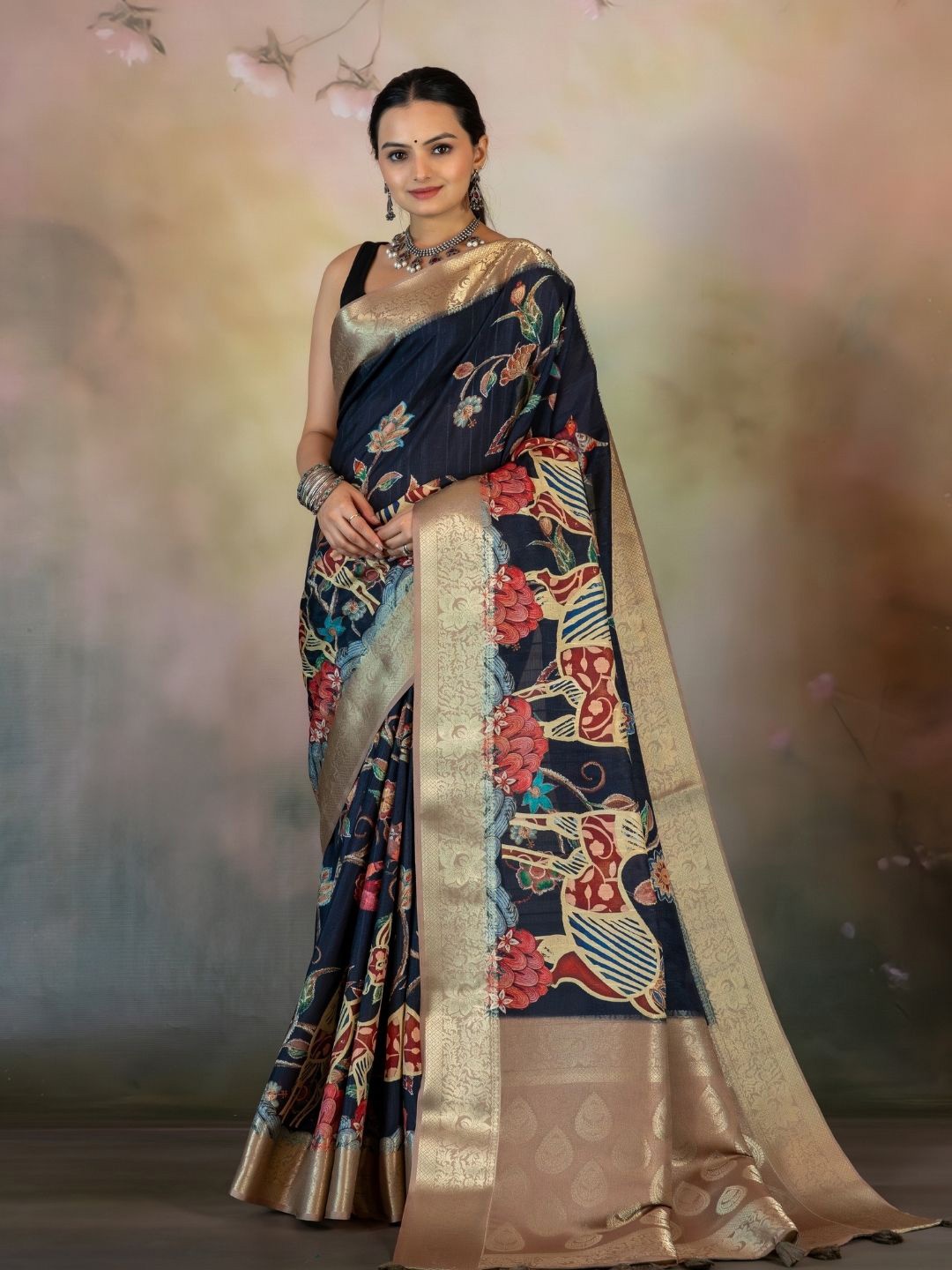 

Yuvani Kalamkari Zari Tussar Saree, Blue