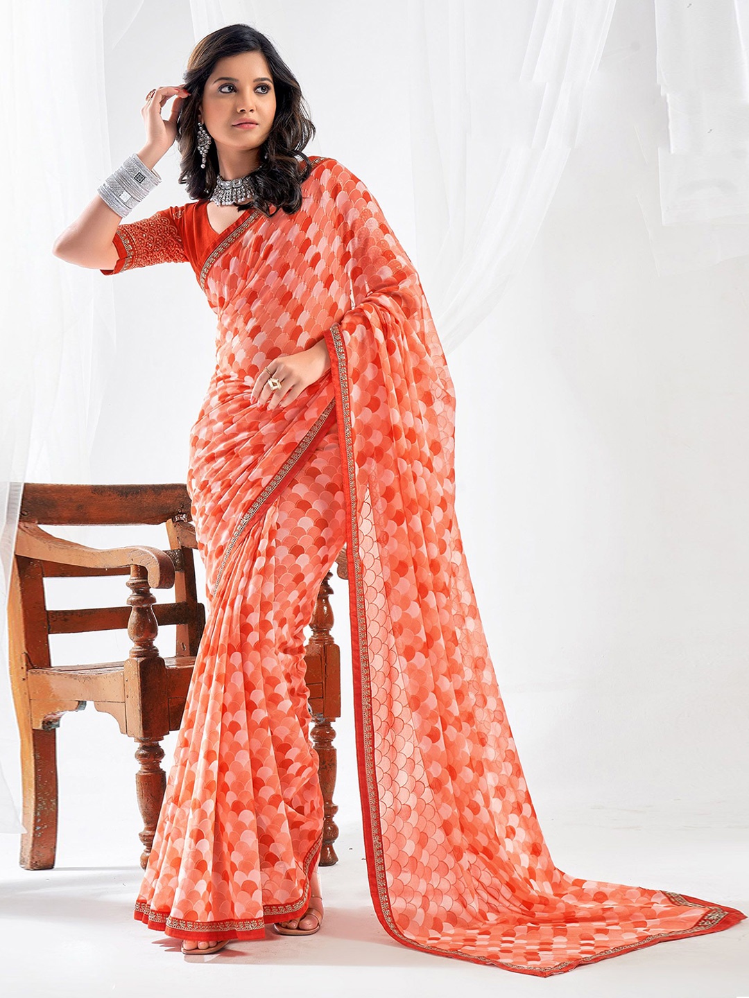 

Panzora Embroidered Saree, Orange