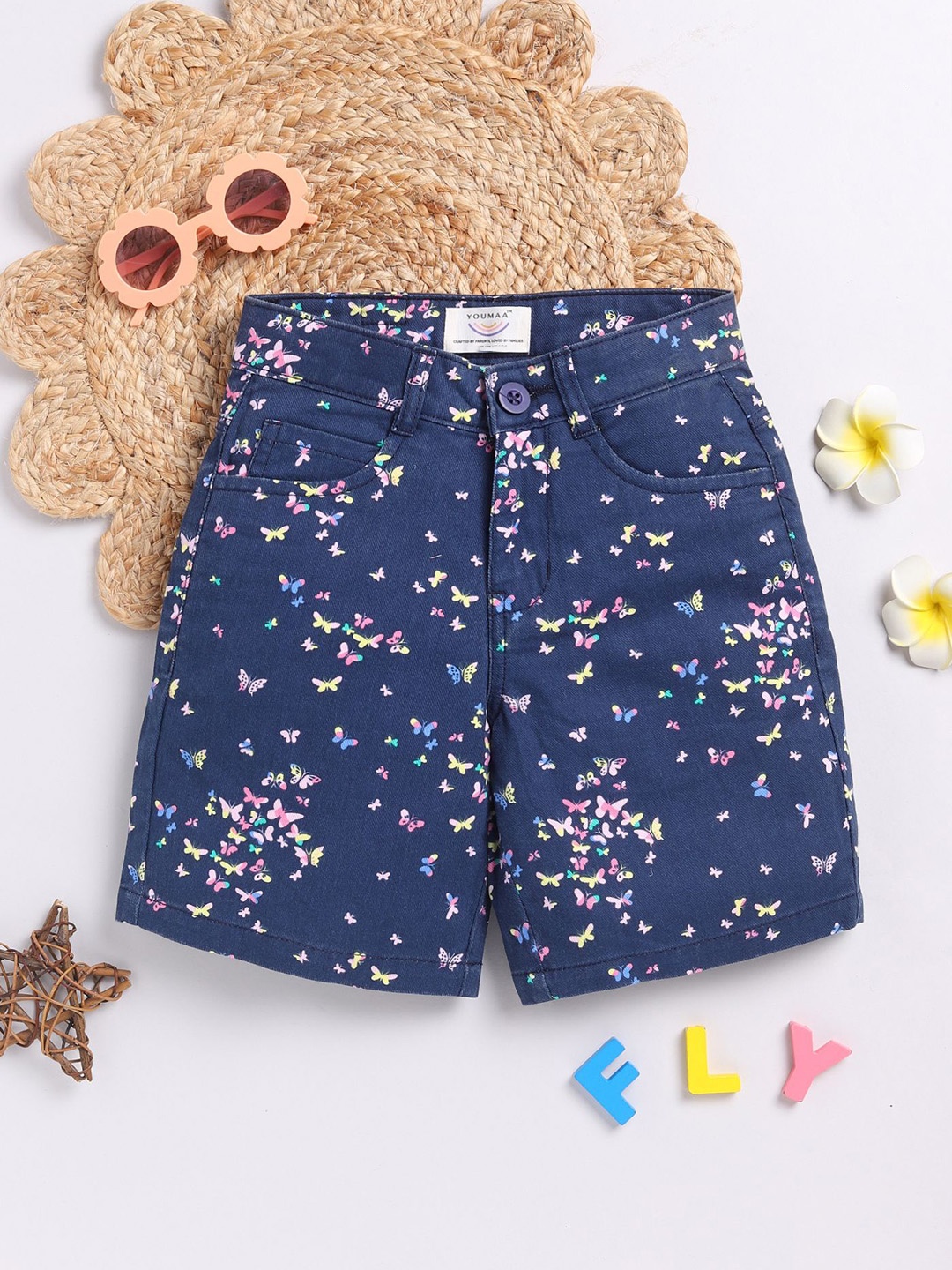 

YOUMAA Girls Conversational Printed Pure Cotton Shorts, Blue