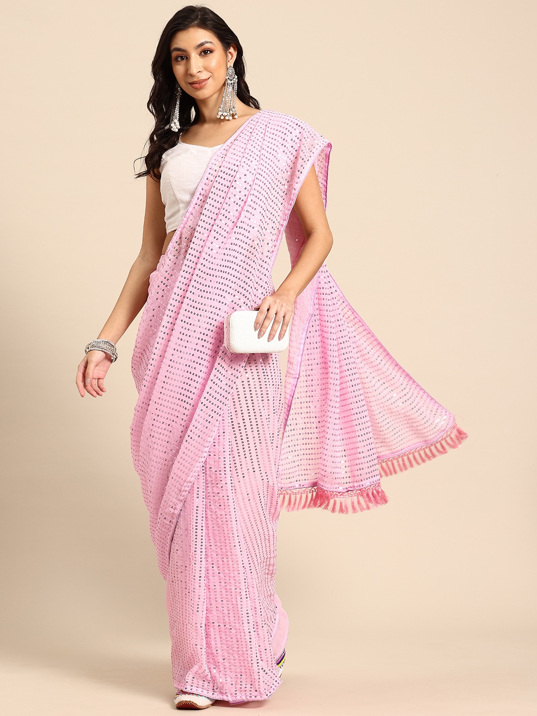 

HERE&NOW Embellished Sequinned Ready to Wear Saree, Pink