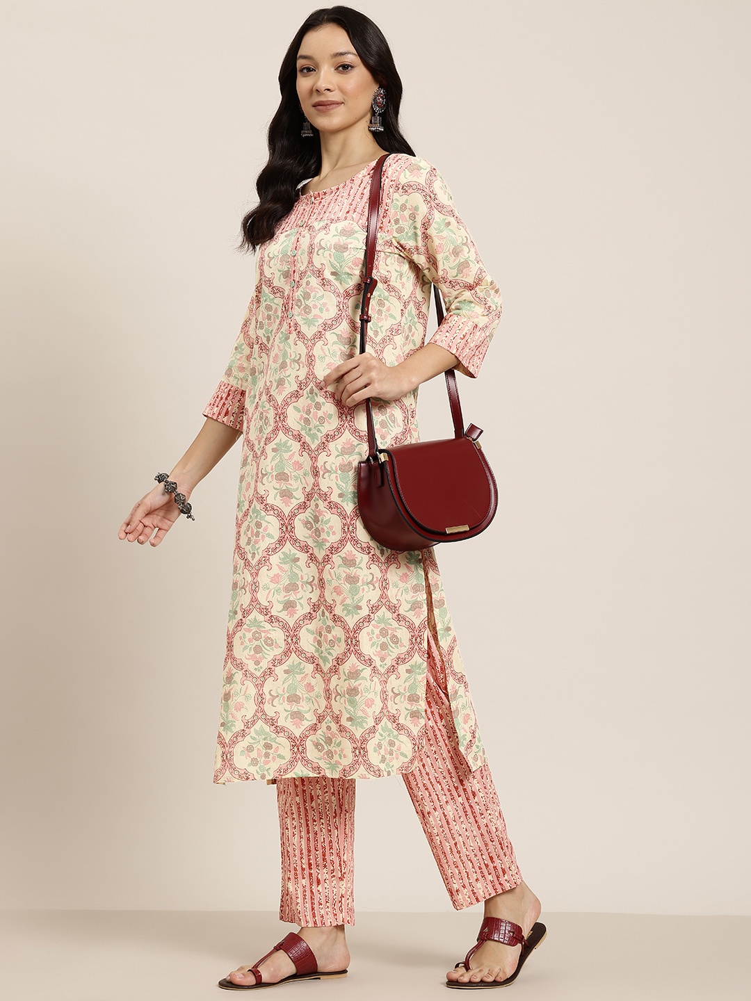 

HERE&NOW Floral Printed Pure Cotton Kurta With Palazzos, Cream