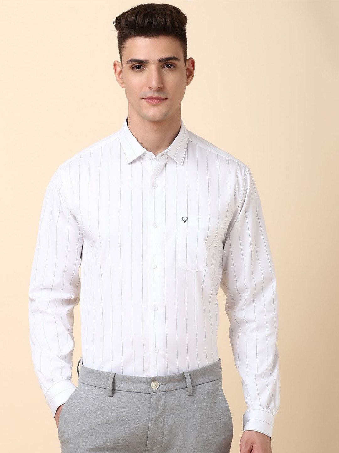 

Allen Solly Men Vertical Striped Spread Collar Pocket Cotton Slim Fit Formal Shirt, White