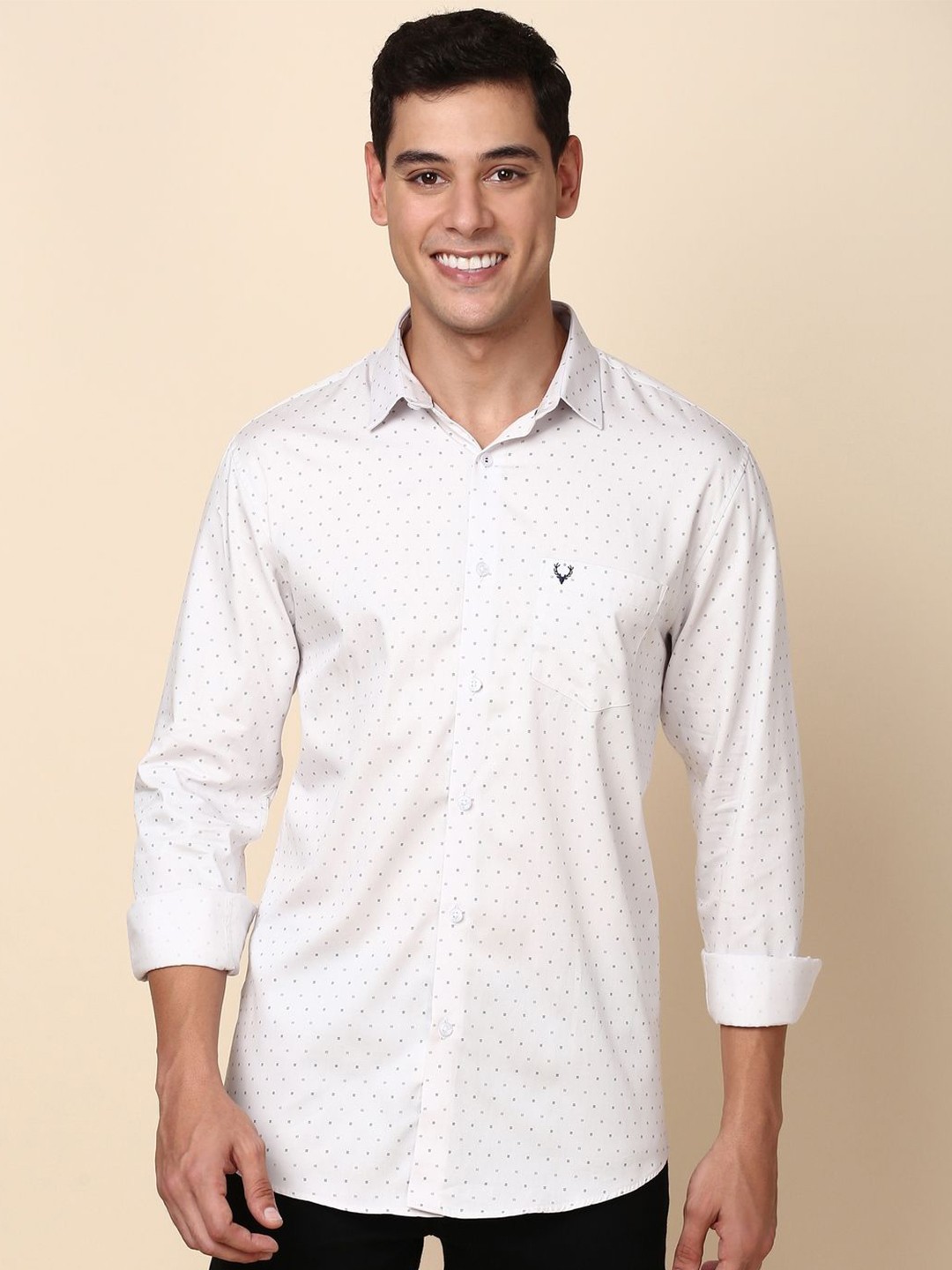 

Allen Solly Men Micro Ditsy Printed Spread Collar Cotton Slim Fit Casual Shirt, White