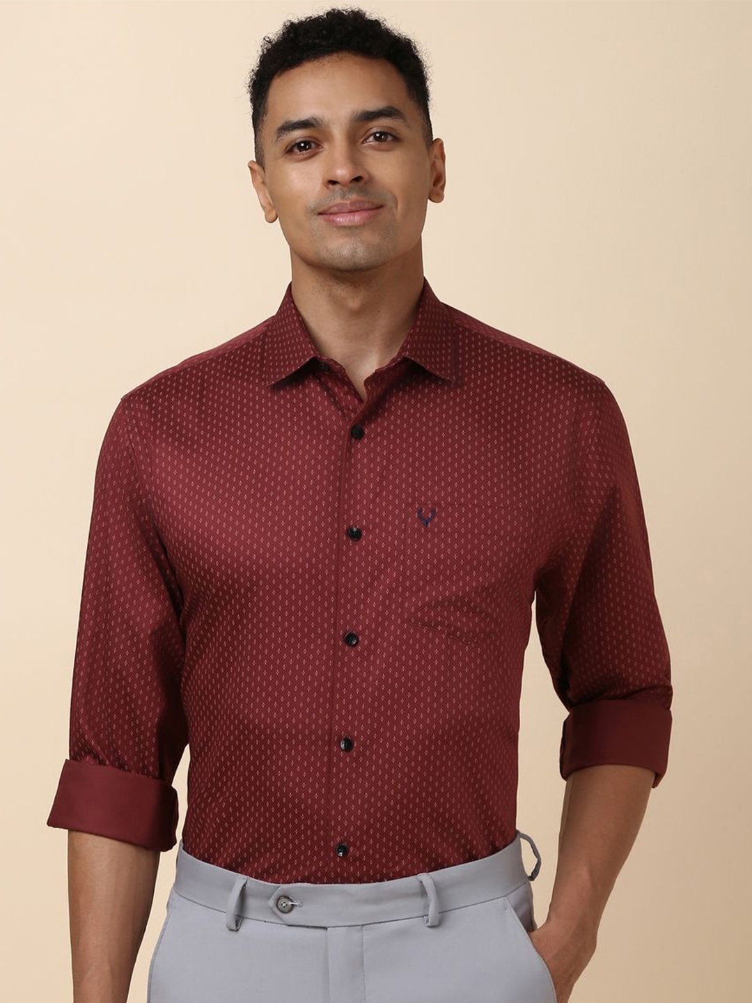 

Allen Solly Men Micro Ditsy Printed Spread Collar Slim Fit Pure Cotton Formal Shirt, Maroon