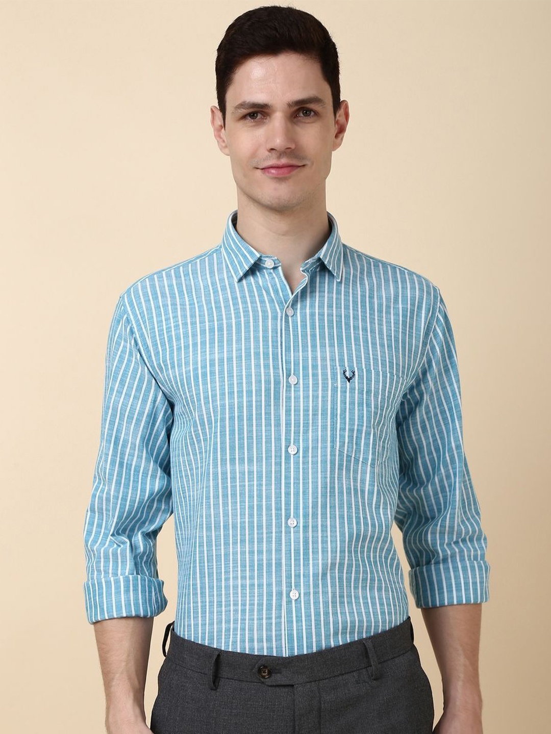 

Allen Solly Men Striped Spread Collar Slim Fit Pure Cotton Formal Shirt, Blue