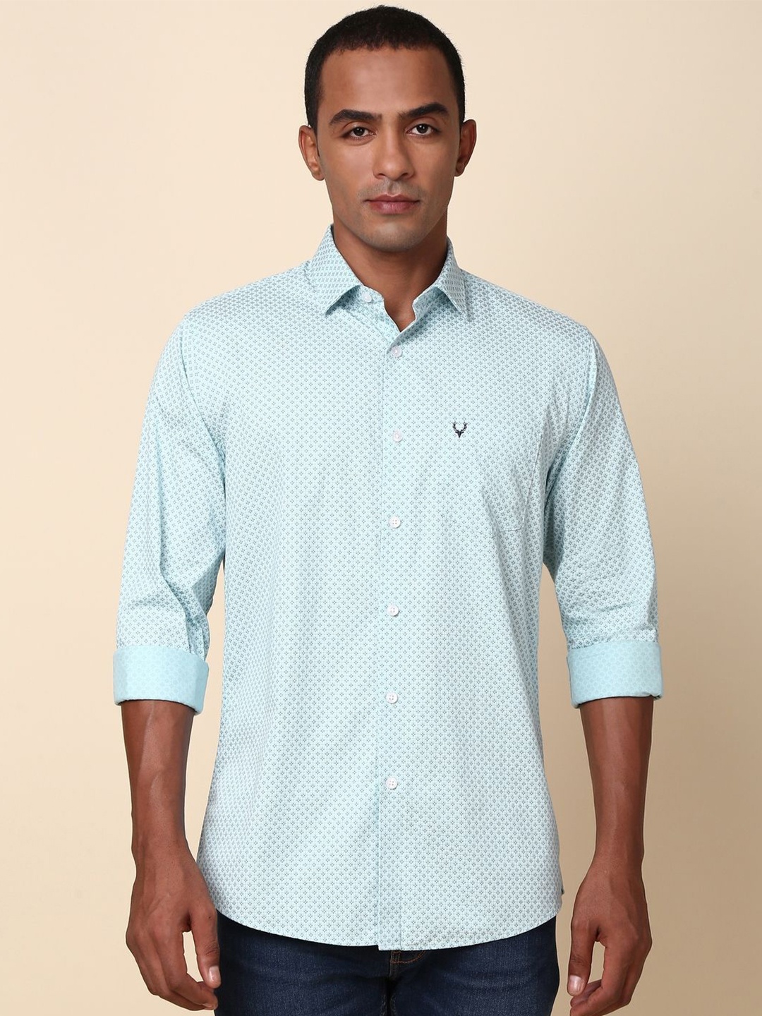 

Allen Solly Men Micro Ditsy Printed Spread Collar Slim Fit Pure Cotton Casual Shirt, Blue