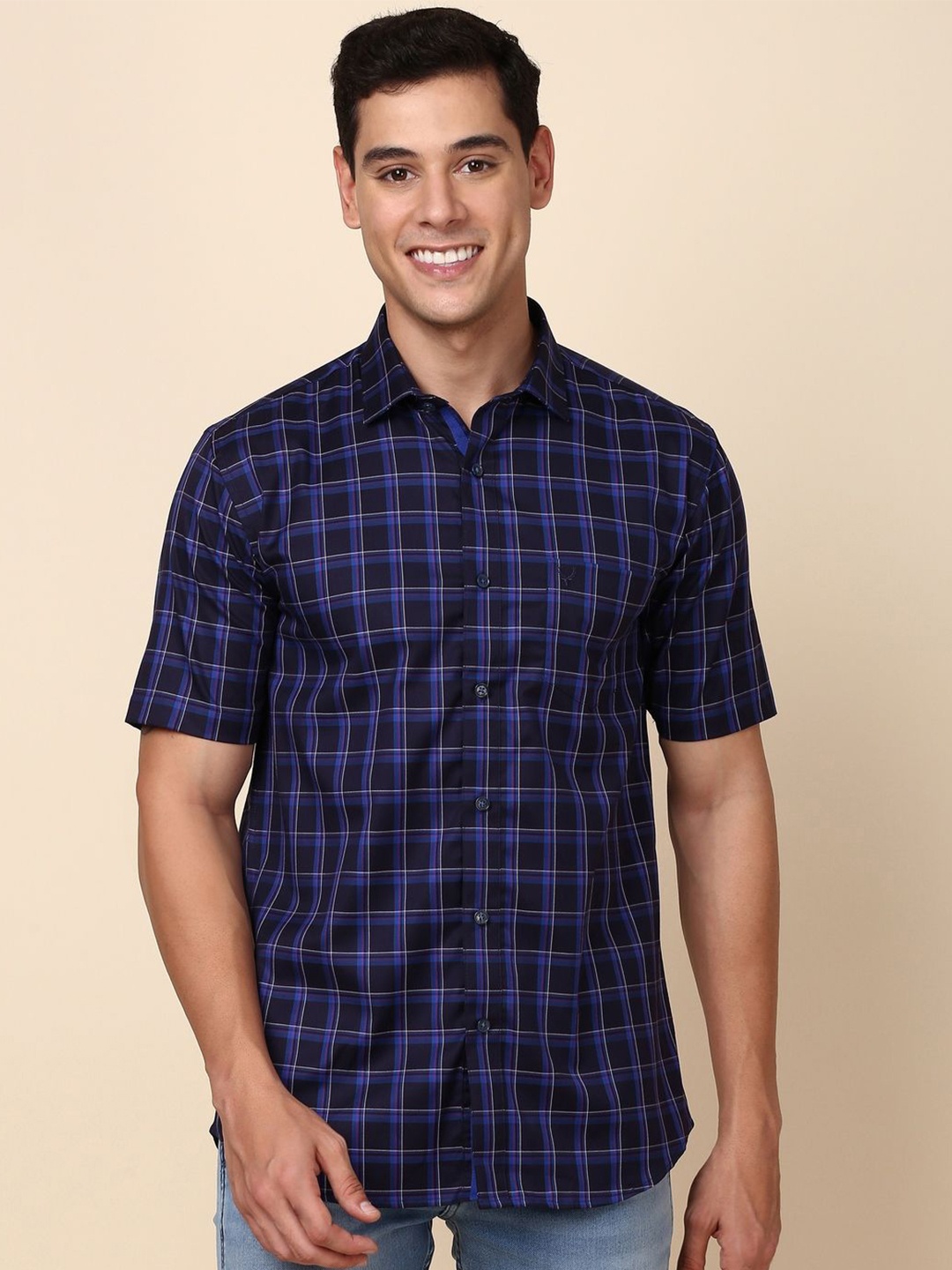 

Allen Solly Men Slim Fit Spread Collar Checked Pure Cotton Casual Shirt, Navy blue