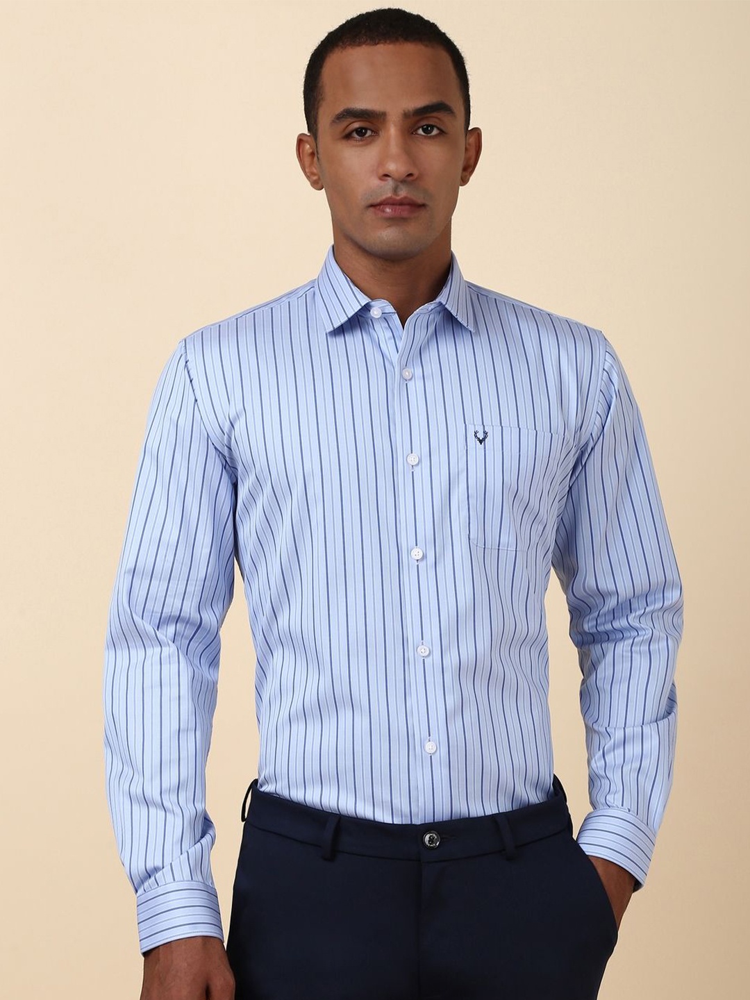 

Allen Solly Men Vertical Striped Spread Collar Pocket Cotton Formal Shirt, Blue