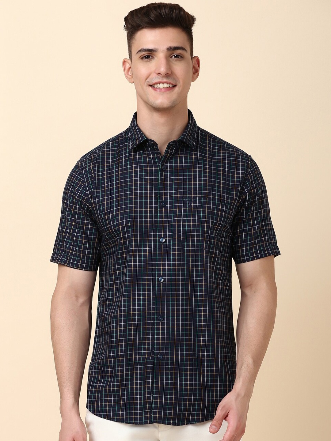 

Allen Solly Men Checked Spread Collar Slim Fit Pure Cotton Casual Shirts, Navy blue