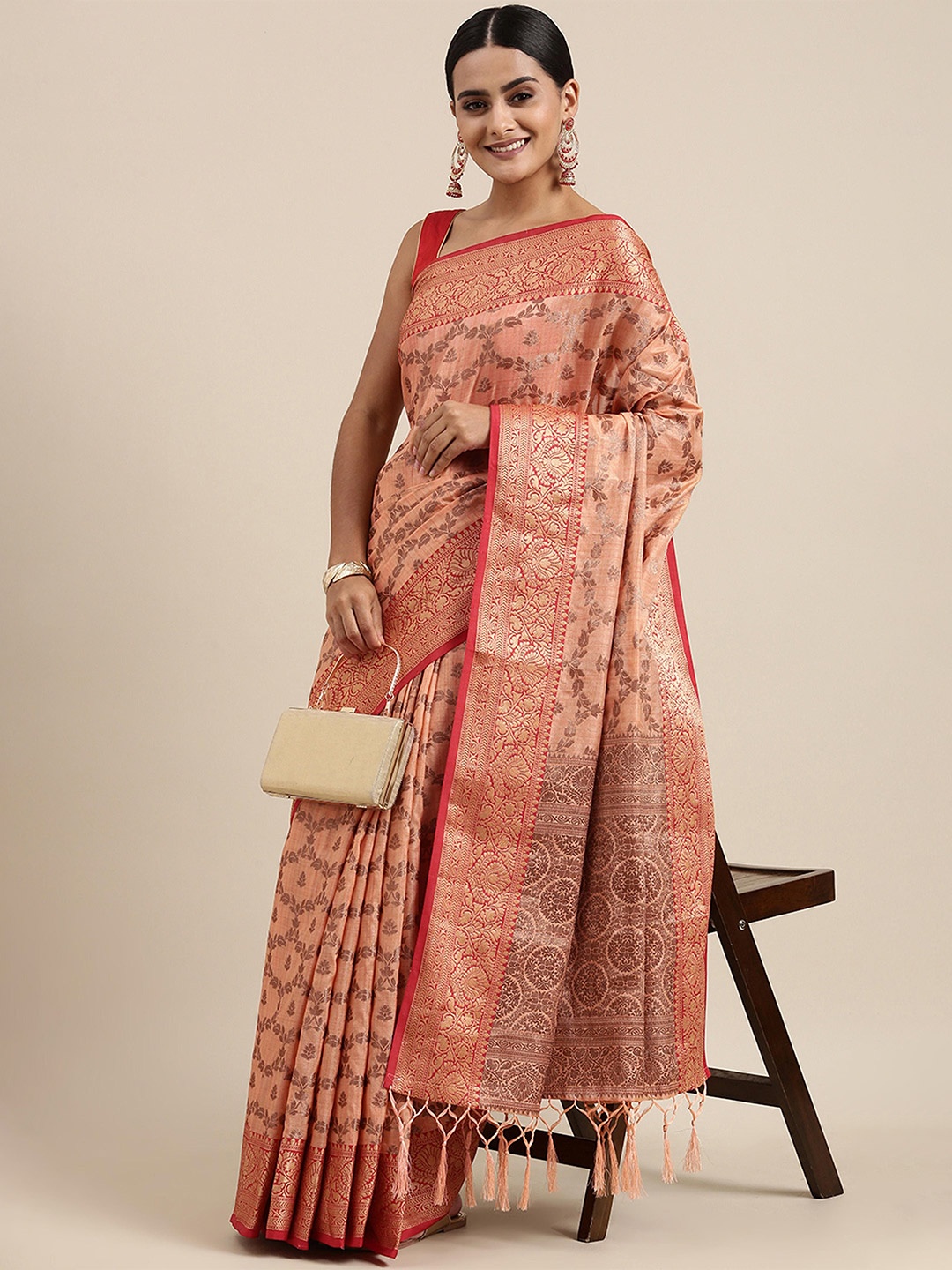 

ALAGINI Ethnic Motifs Woven Design Zari Chanderi Saree, Peach