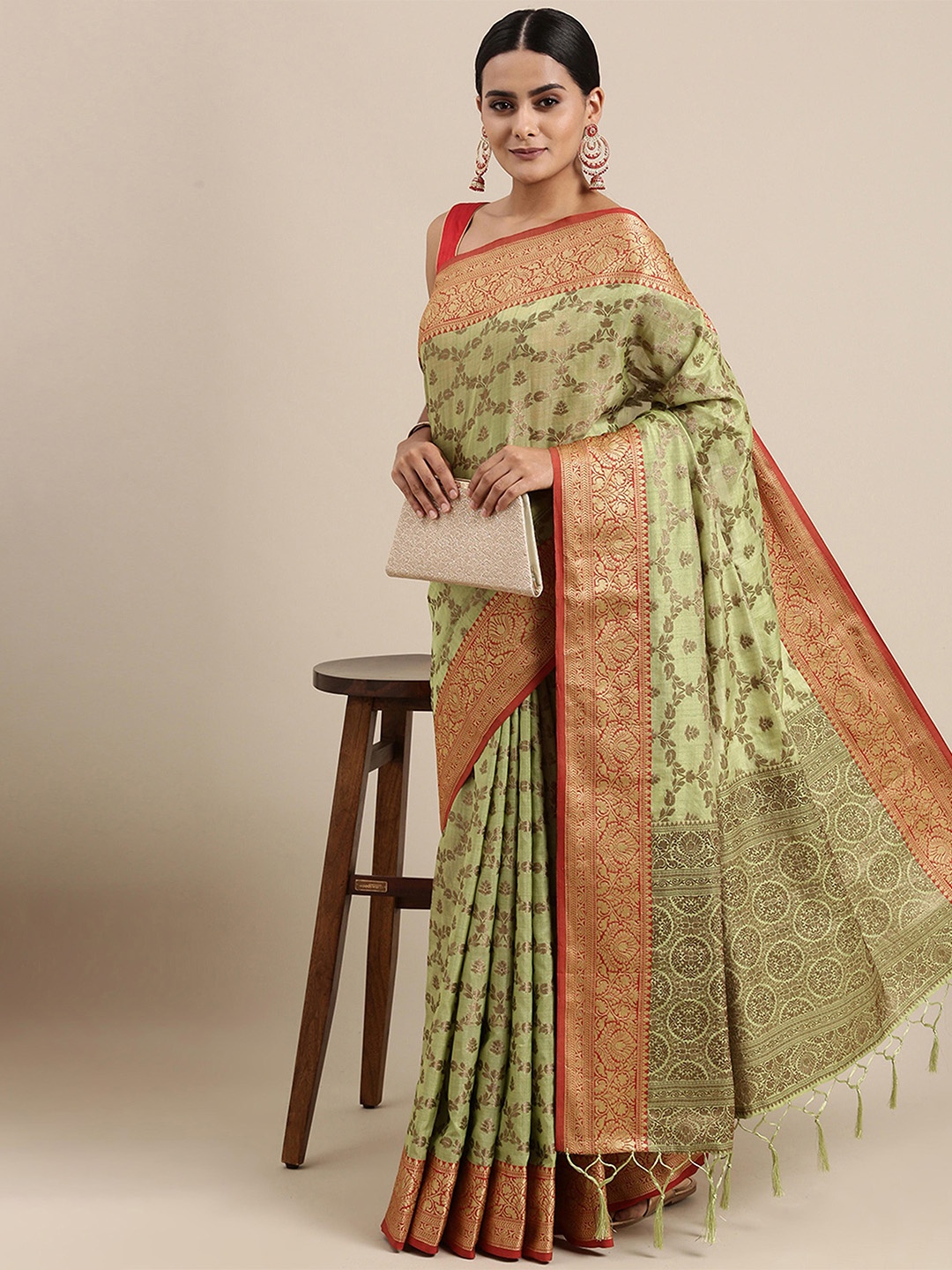 

ALAGINI Floral Zari Chanderi Saree, Green