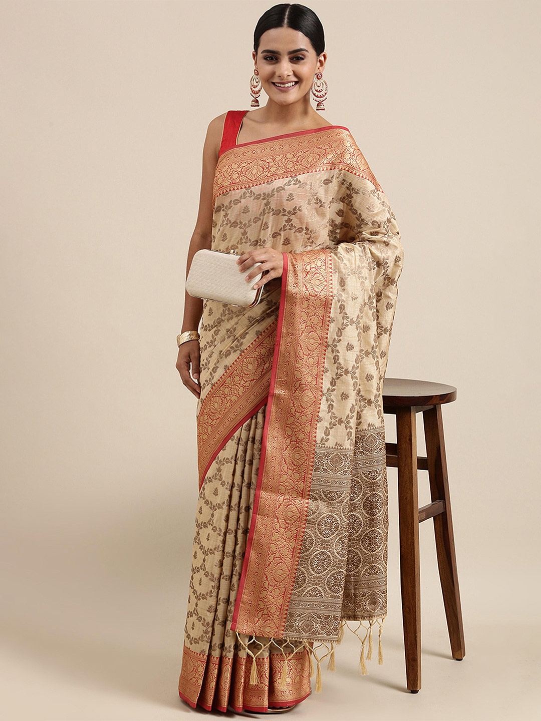 

ALAGINI Ethnic Motifs Zari Chanderi Saree, Beige