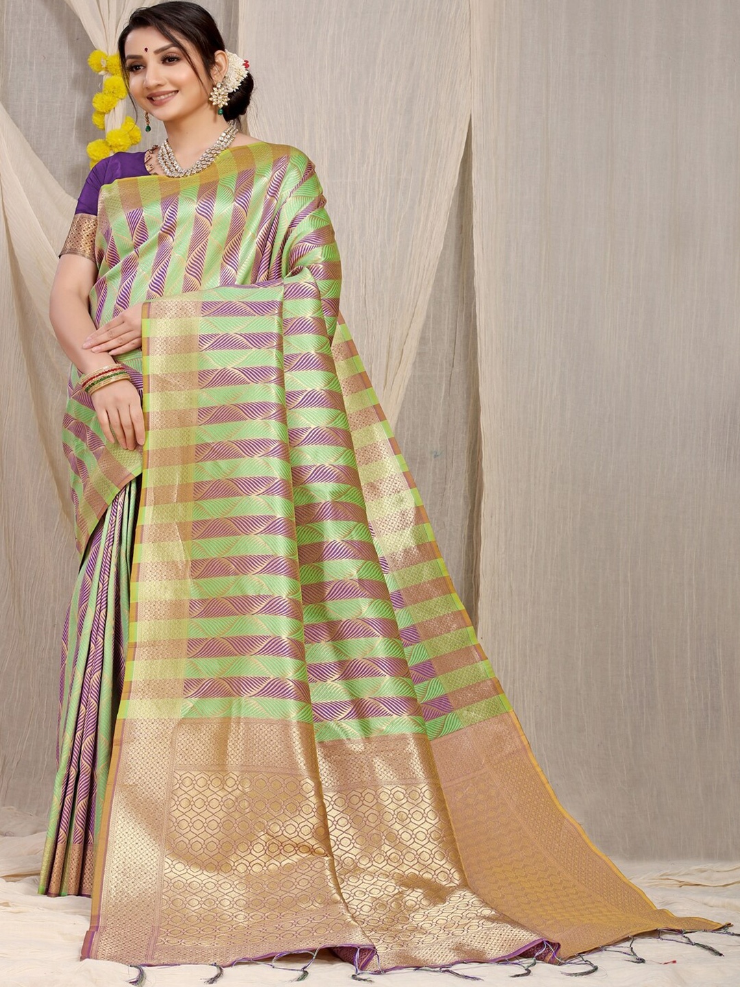 

SGF11 Striped Zari Kanjeevaram Saree, Purple