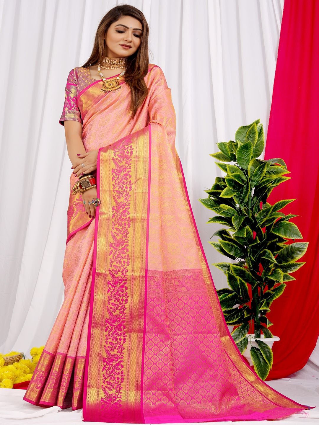 

SGF11 Woven Design Zari Kanjeevaram Saree, Peach