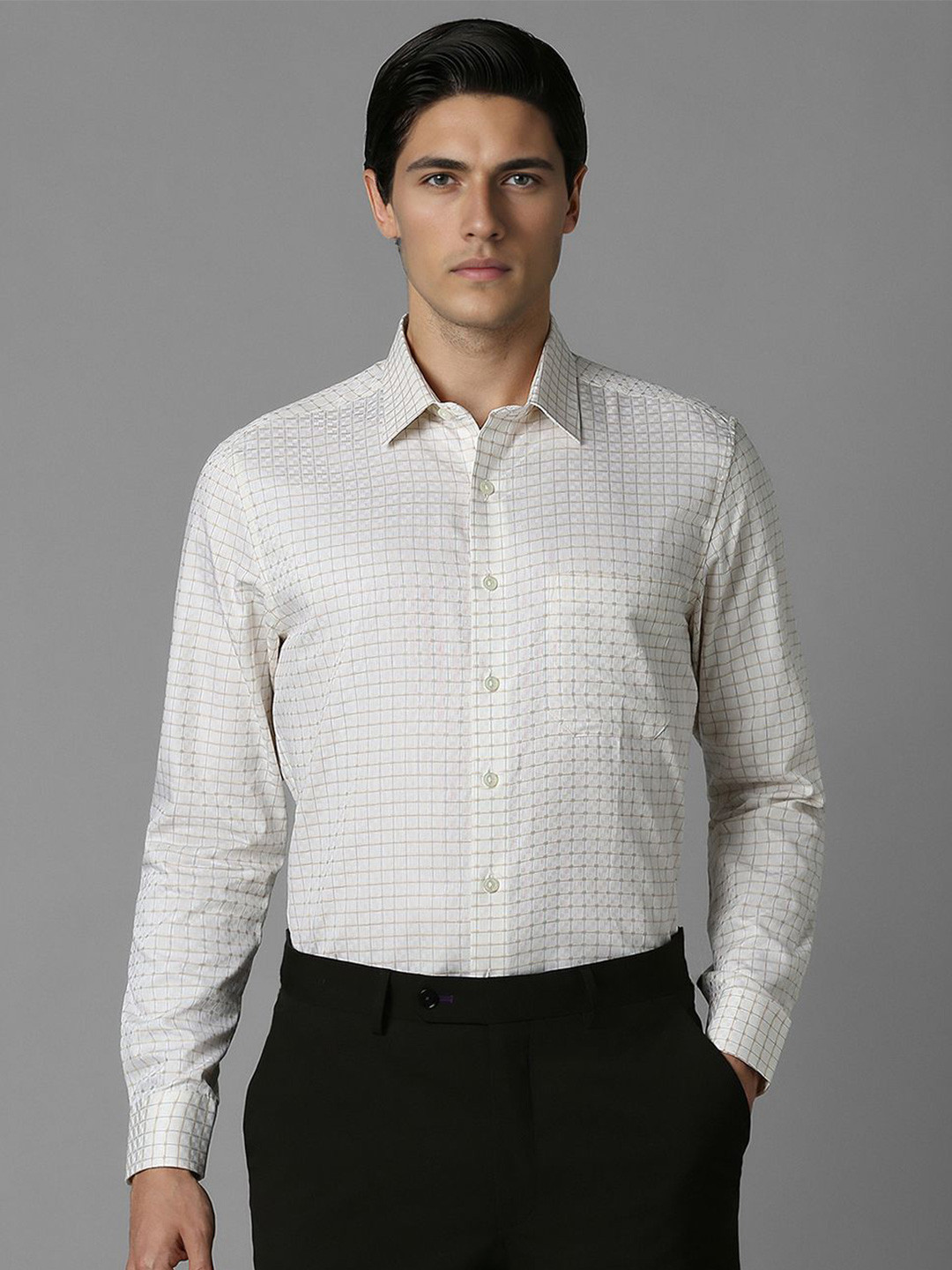 

Louis Philippe Men Checked Spread Collar Pure Cotton Formal Shirt, White