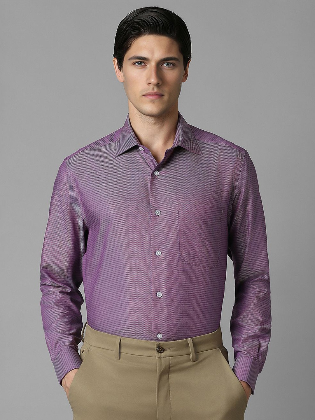 

Louis Philippe Men Classic Fit Textured Spread Collar Pure Cotton Formal Shirt, Purple