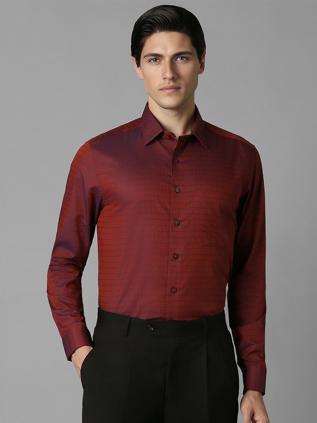 

Louis Philippe Men Slim Fit Micro Ditsy Printed Spread Collar Pure Cotton Formal Shirt, Maroon