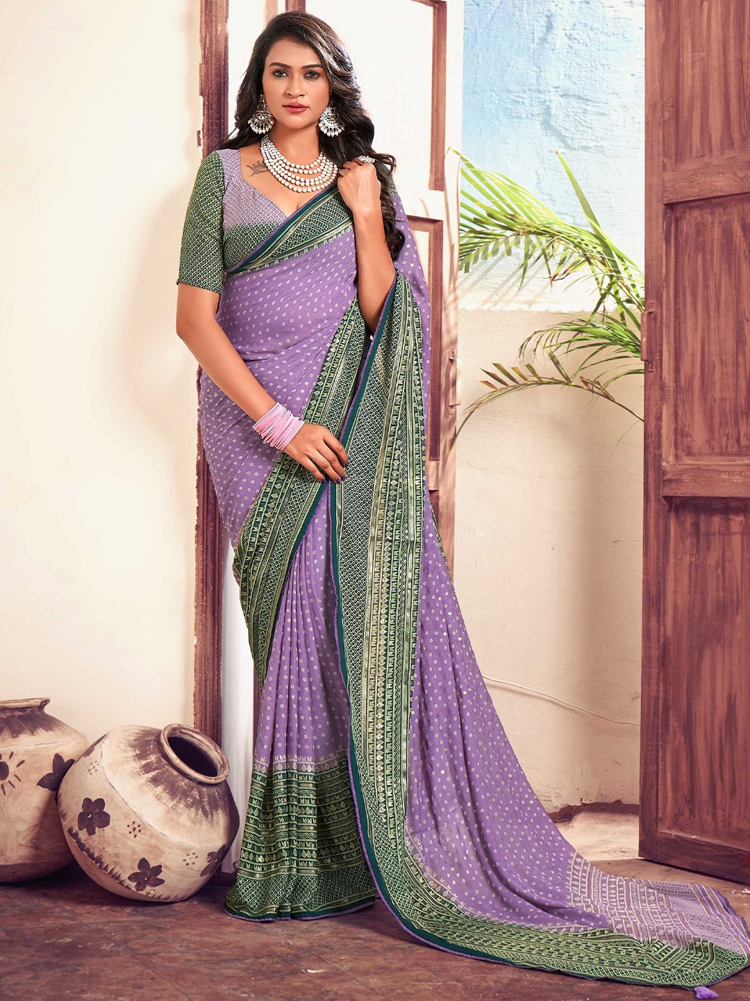 

Panzora Polka Dot Zari Saree, Lavender