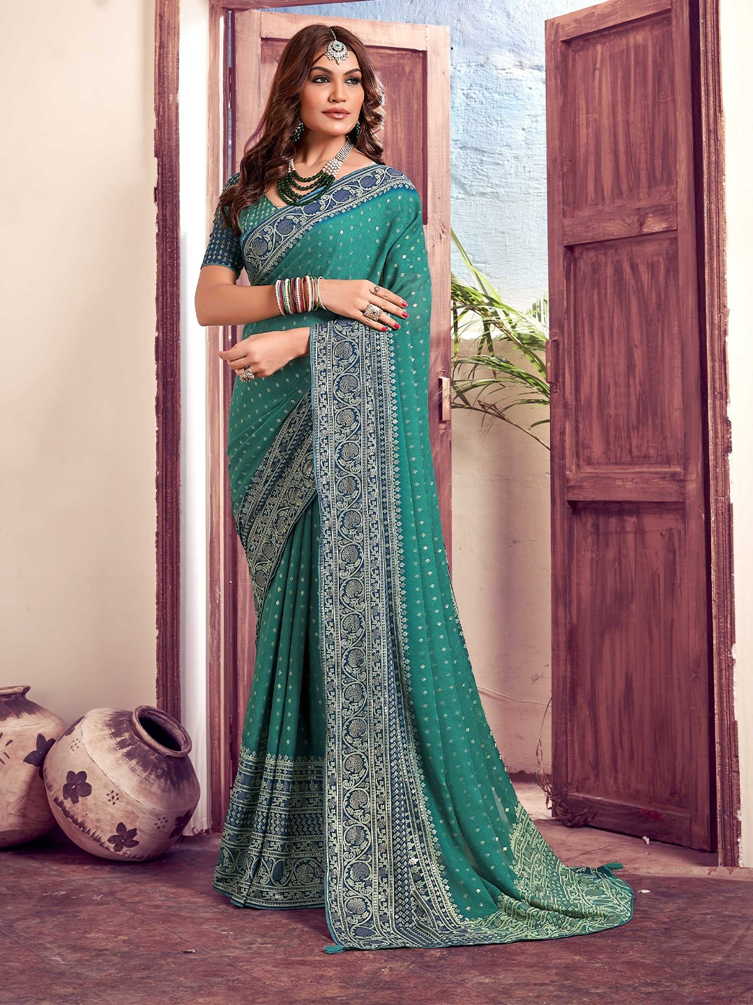 

Panzora Ethnic Motifs Poly Crepe Saree, Teal