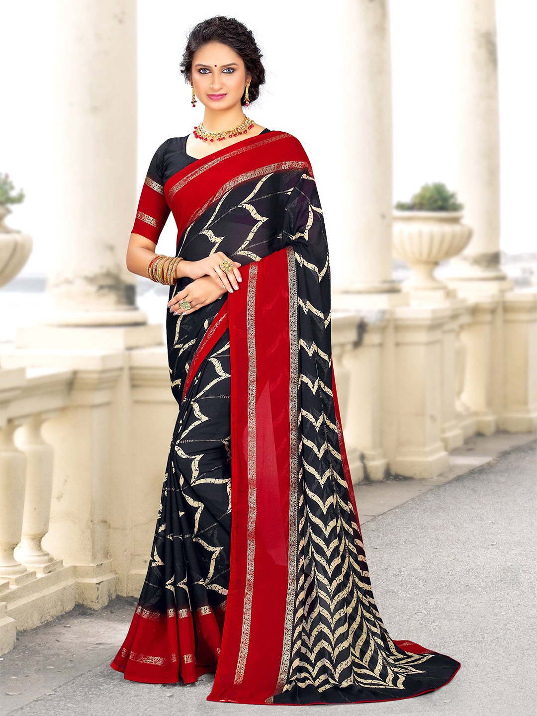 

Panzora Printed Zari Saree, Black